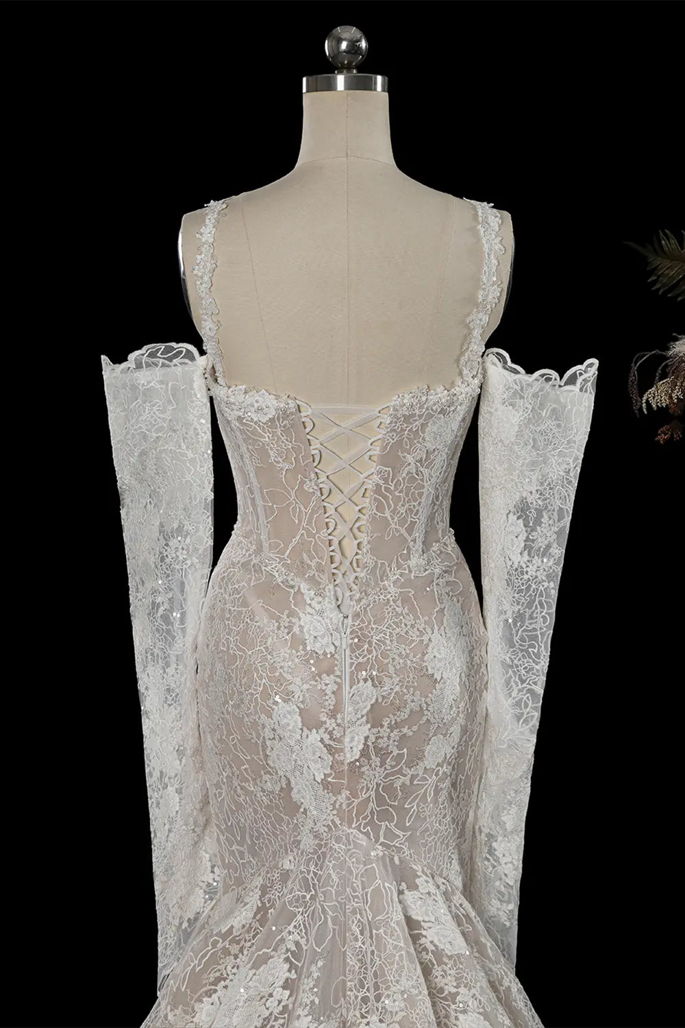 White Lace Mermaid Wedding Dress Long Sleeves Corset SW750 Sheer Fairy