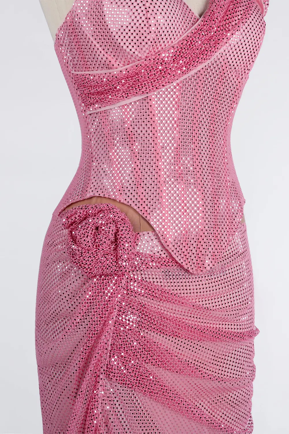 Pink Sequin Halter Corset High Slit Maxi Evening Dress ST036 Sheer Fairy