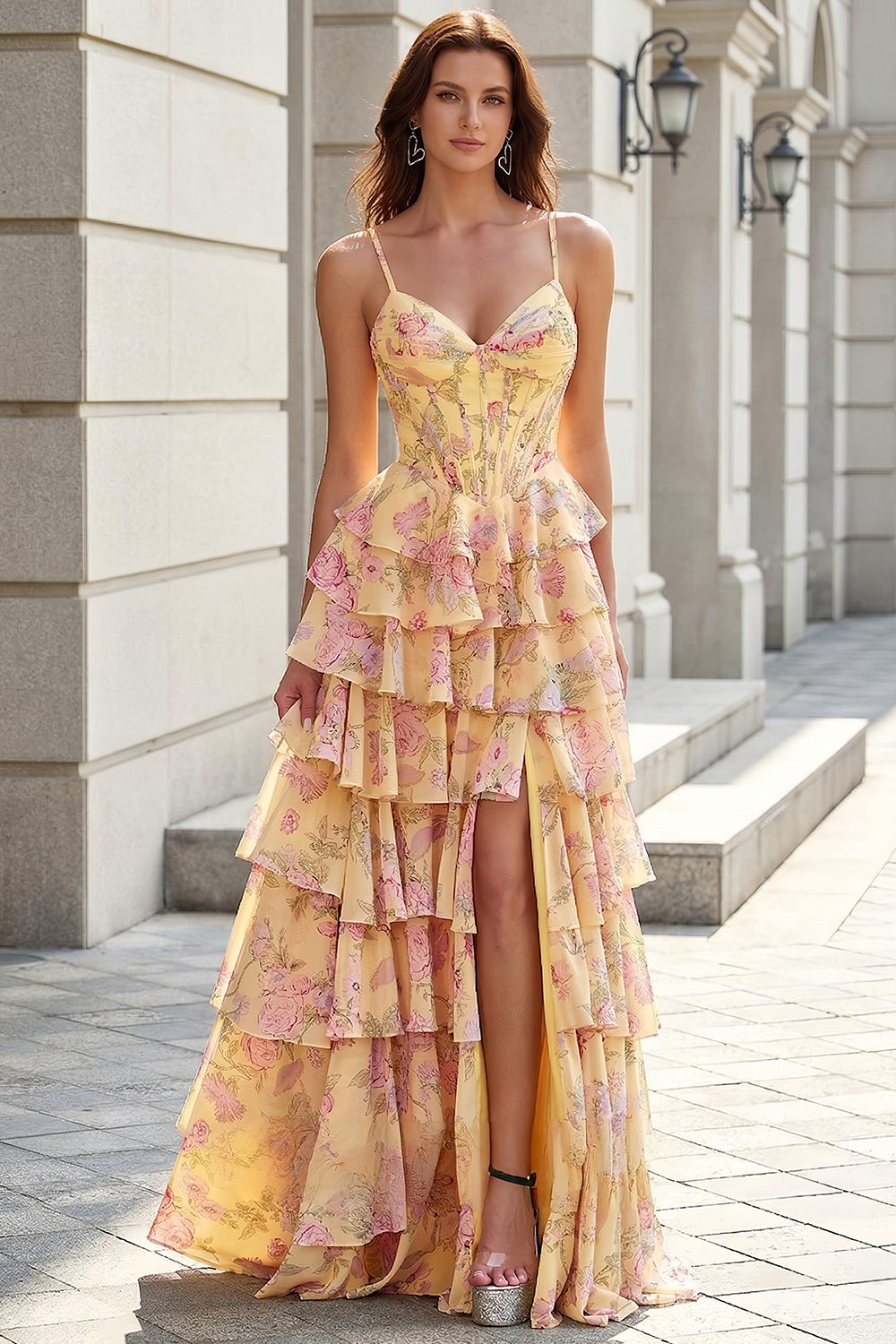 A Line Yellow Floral Prom Dress with Tiered Ruffles  SH730 Sheer Fairy
