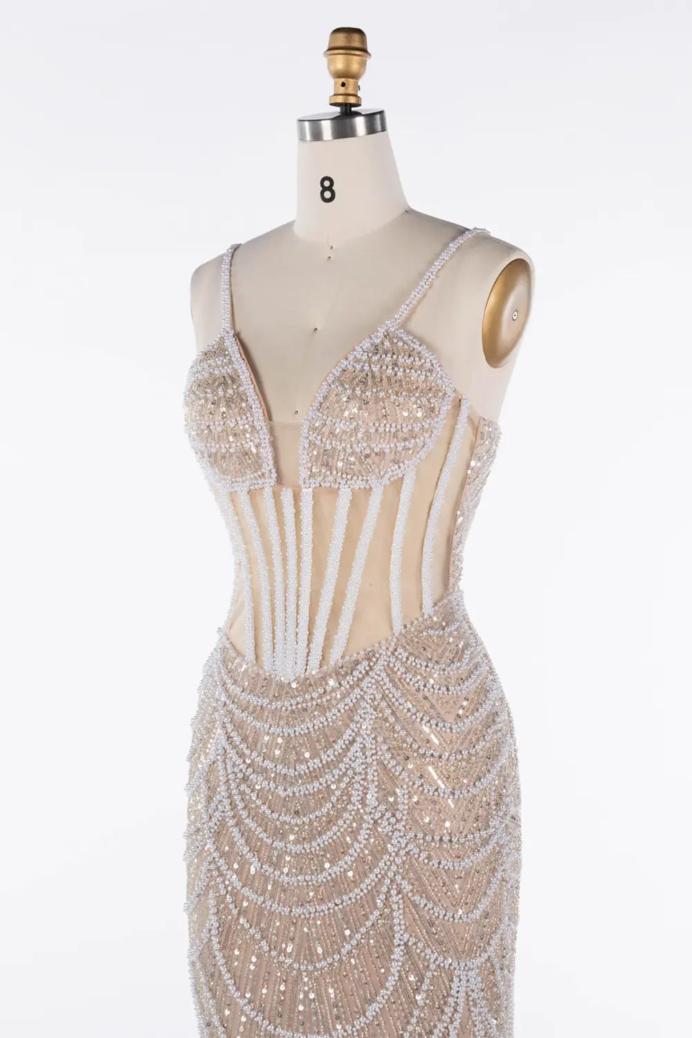 Nude Sequin Embellished Corset Spaghetti Strap Evening Gown ST042 Sheer Fairy