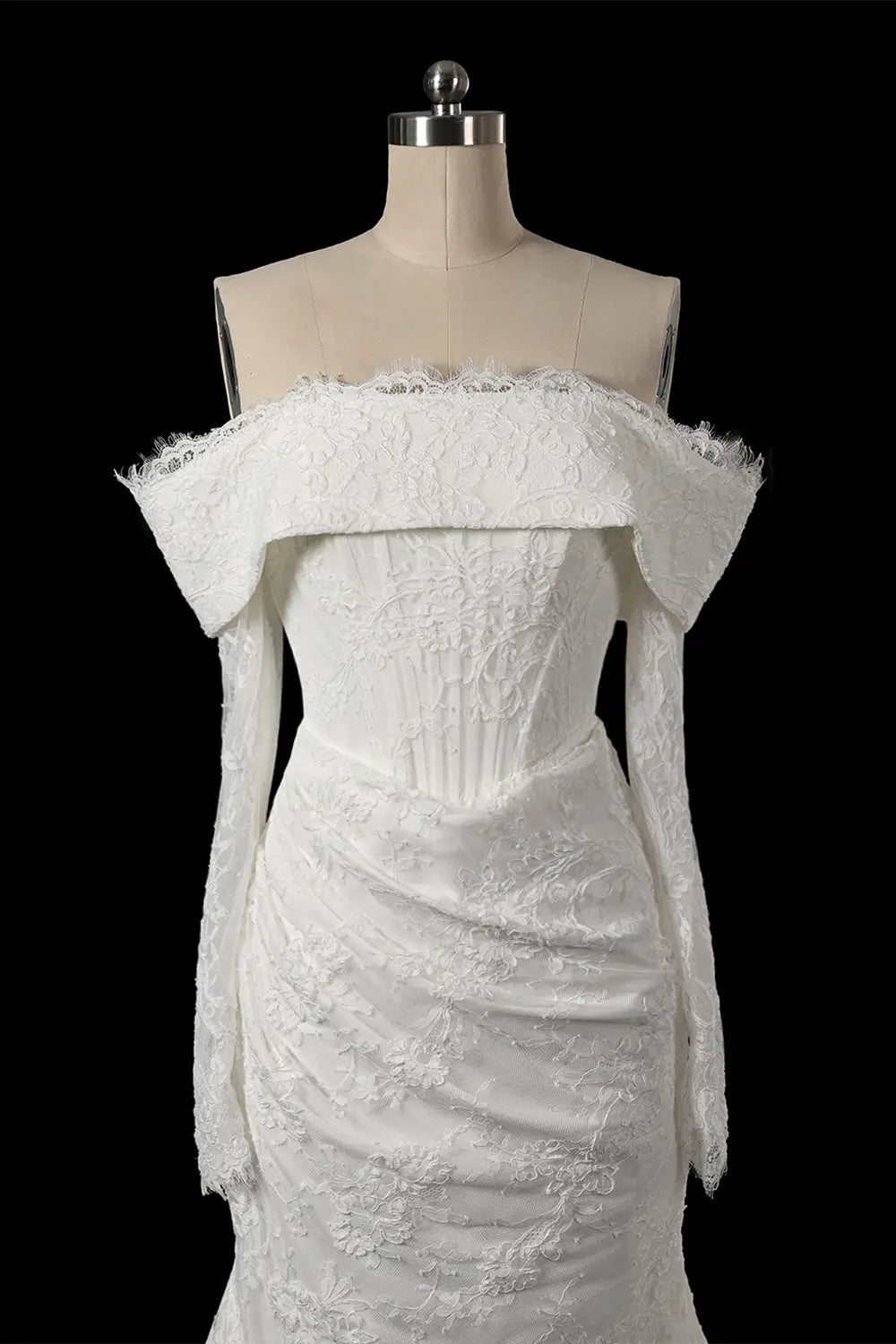 White Off the Shoulder Long Sleeve Lace Bridal Dress with Train SW674 Sheer Fairy