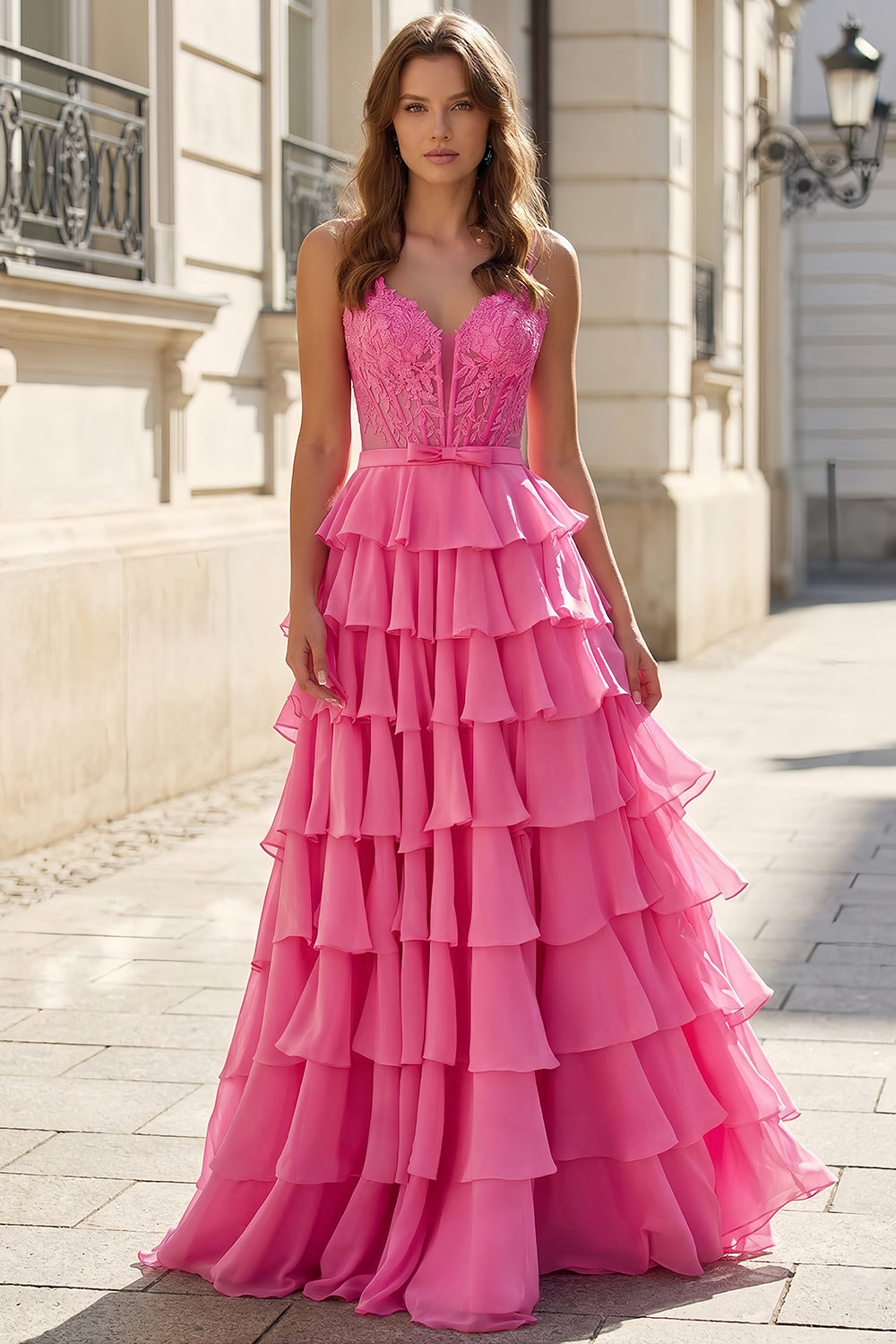 Elegant Hot Pink Tiered Prom Dress with High Slit SH749 Sheer Fairy