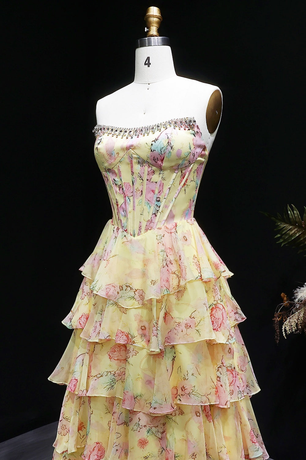 Organza Yellow Floral Strapless Ball Gown Prom Dress SH401 Sheer Fairy