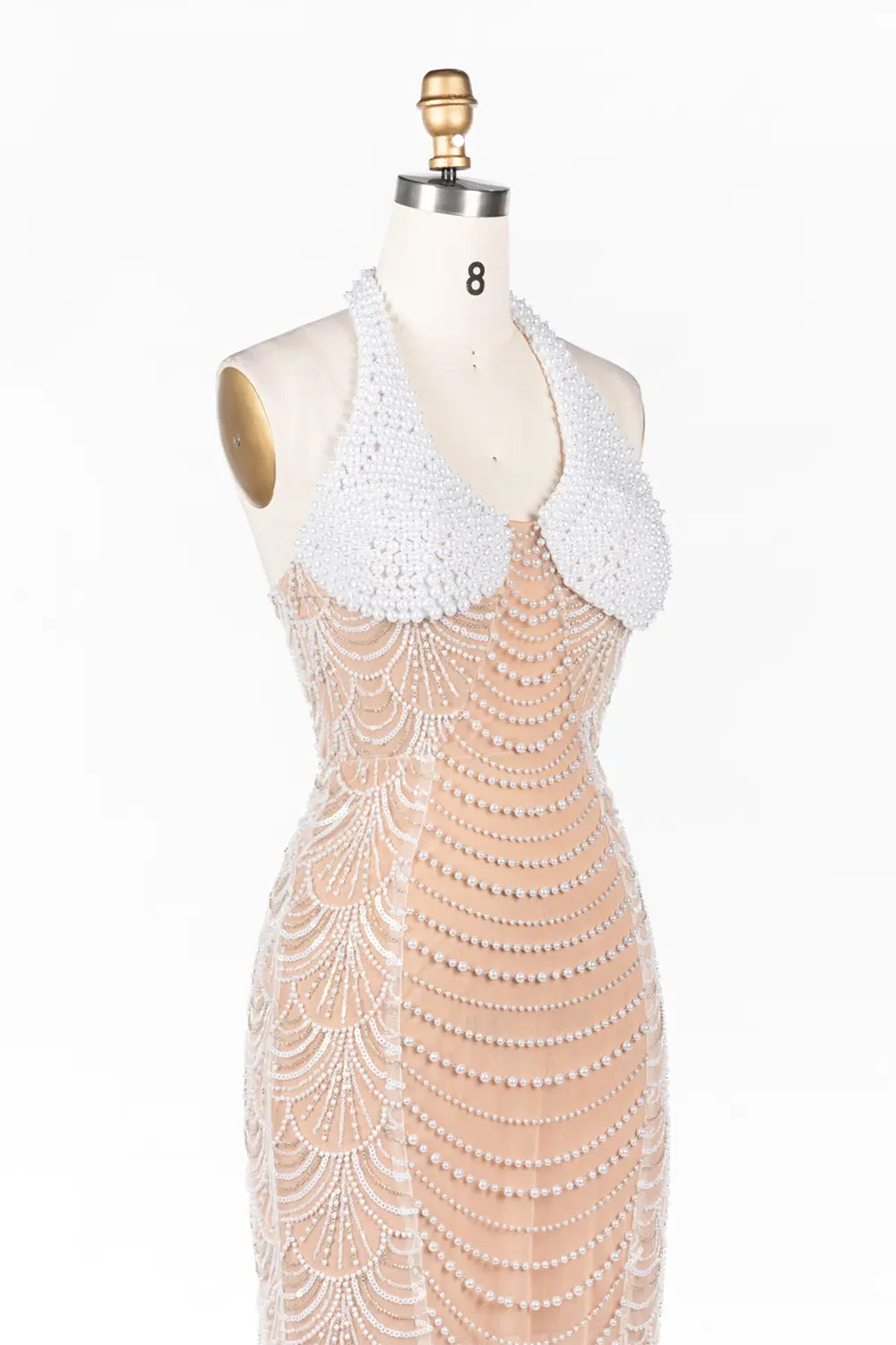 White Nude Beaded Halter Neck Evening Gown ST075 Sheer Fairy
