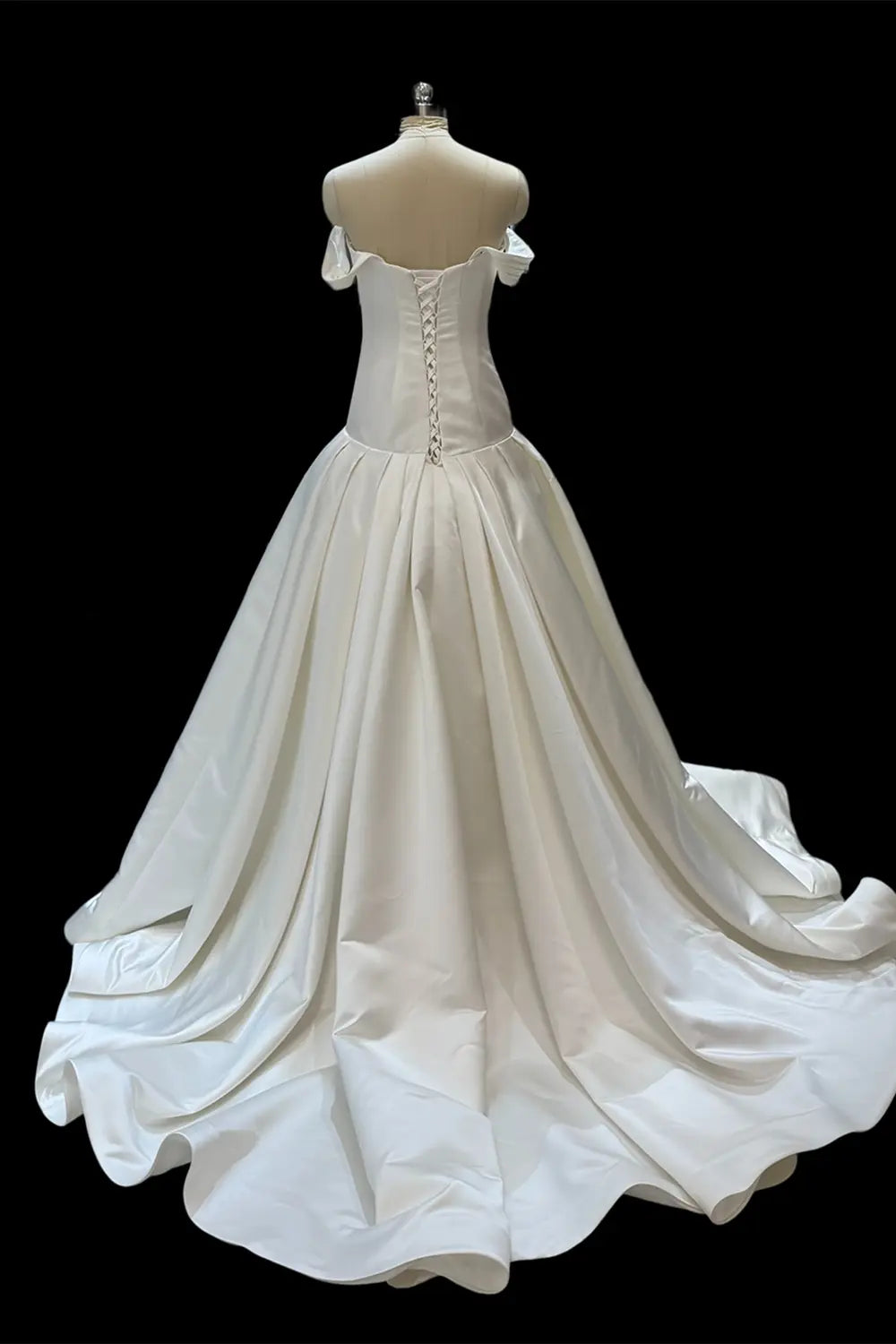 Ivory Off Shoulder Satin A Line Wedding Dress SW692 Sheer Fairy