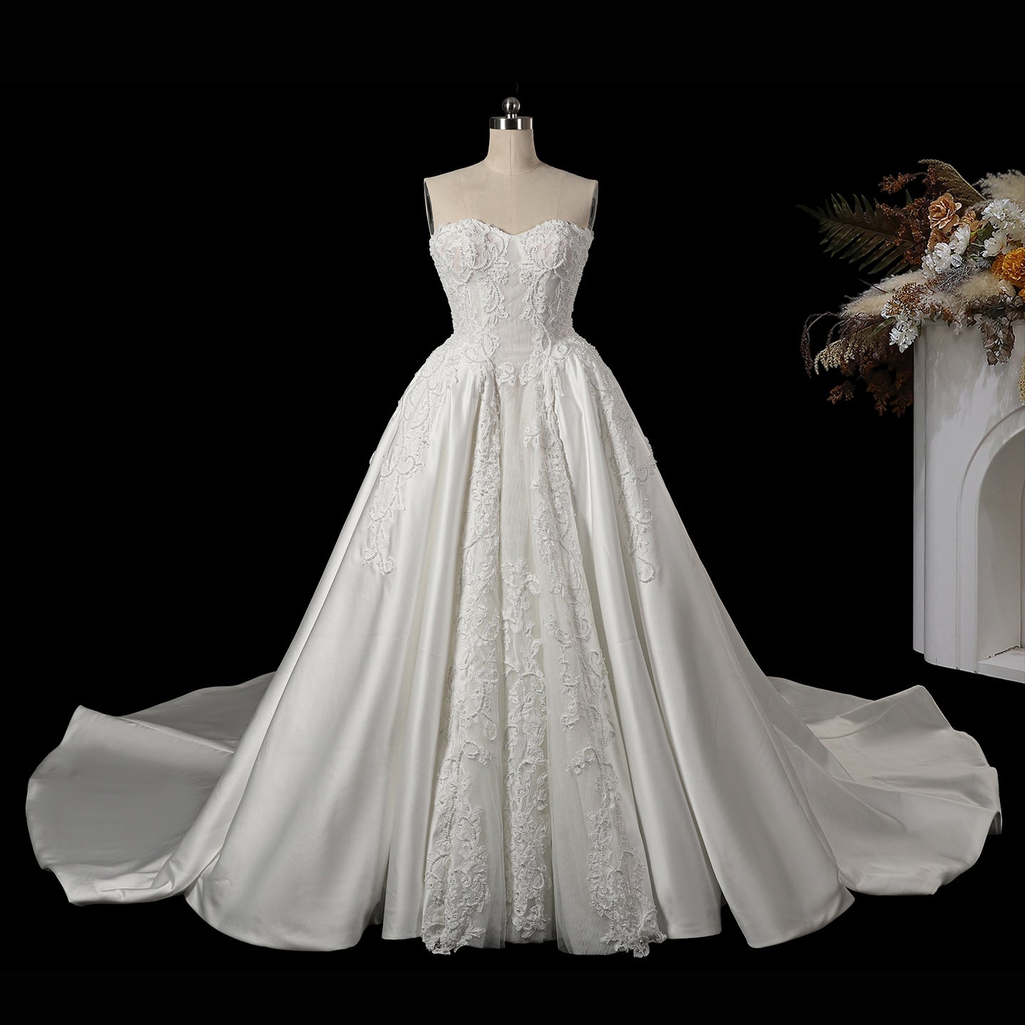 White Satin Sweetheart Princess Wedding Dress Lace Details with Long Cathedral Train SW743 Sheer Fairy