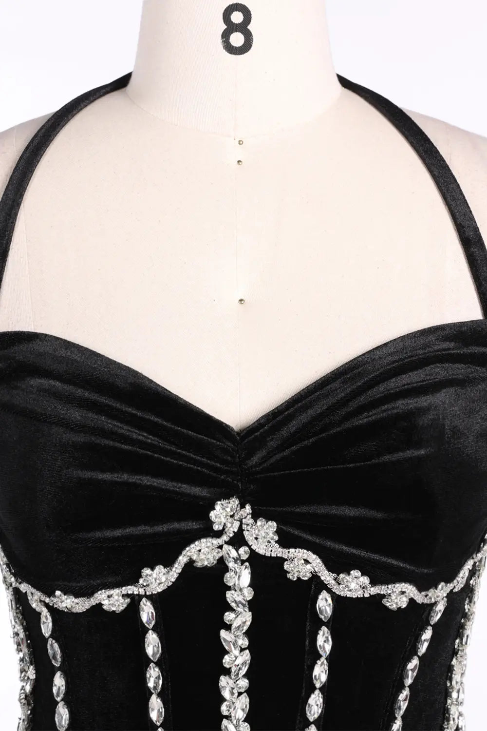 Black Halter Corset Slit Velvet Evening Dress ST094 Sheer Fairy