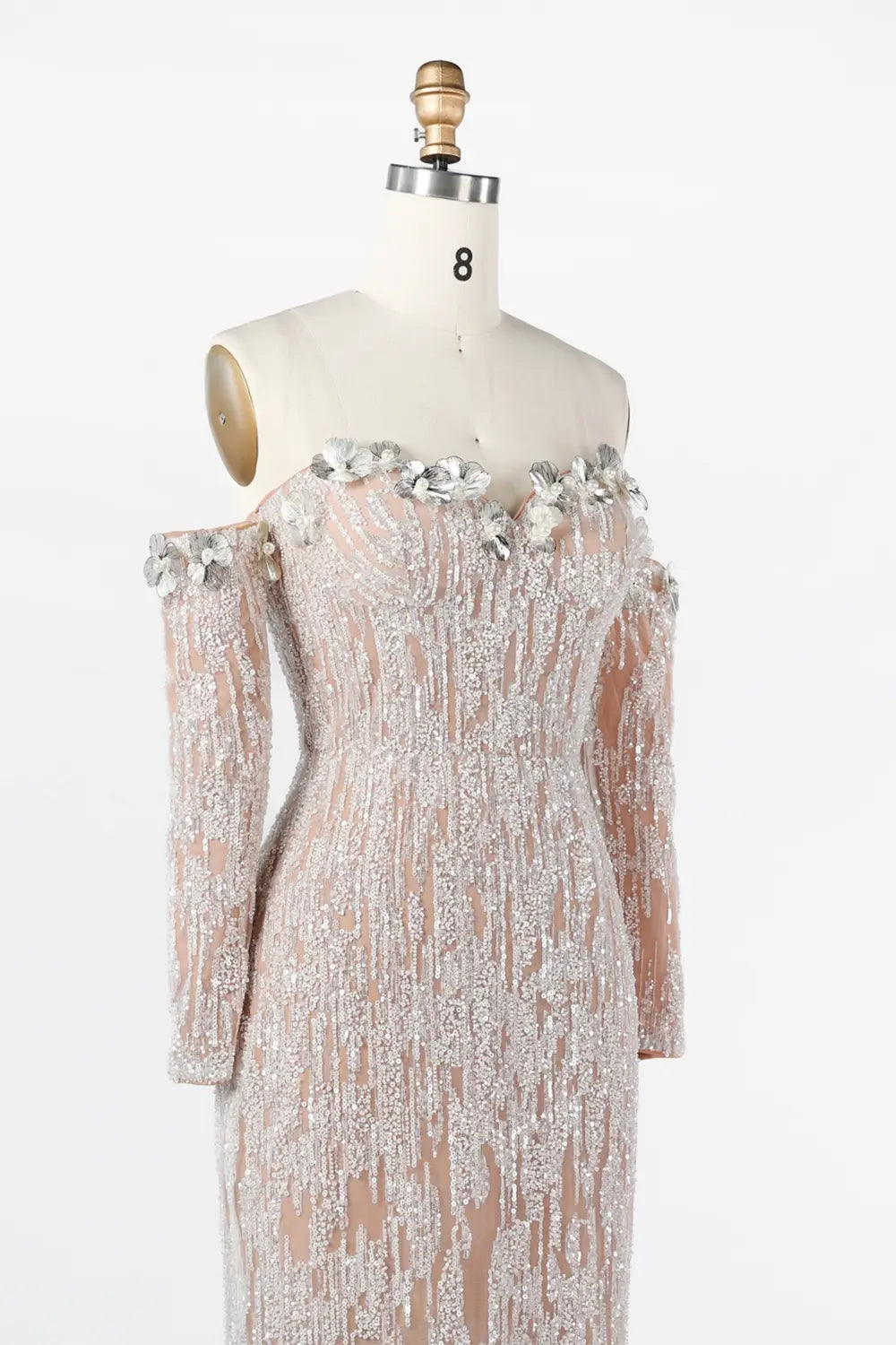 White Nude Linear Sequin Off Shoulder Formal Evening Gown ST035 Sheer Fairy