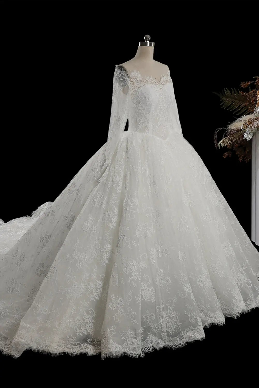 White Long Sleeve Lace Ball Gown Wedding Dress SW754 Sheer Fairy