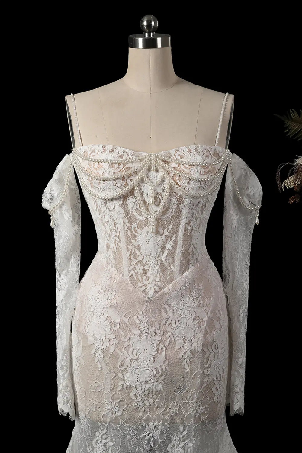White Beaded Lace Mermaid Wedding Dress SW756 Sheer Fairy