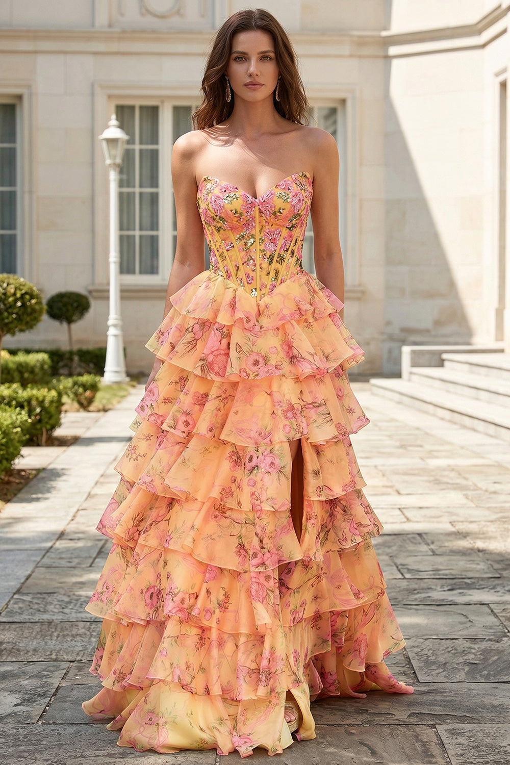 Elegant Yellow Floral Strapless Prom Dress SH738 Sheer Fairy