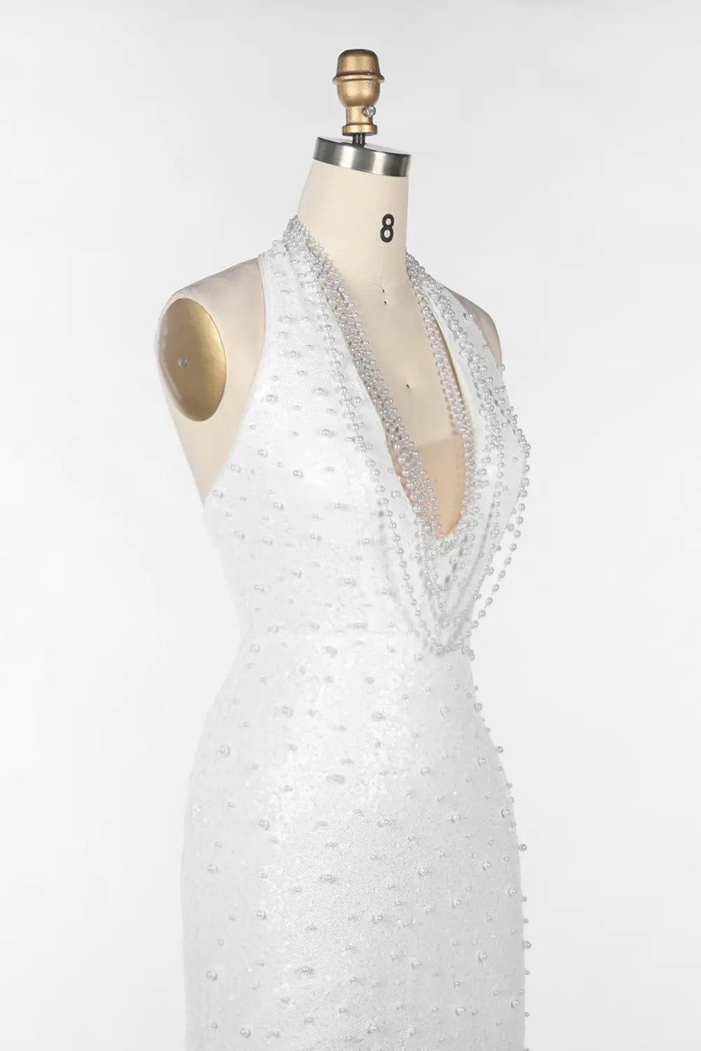 White Halter Pearl Beaded Backless Evening Dress ST091 Sheer Fairy
