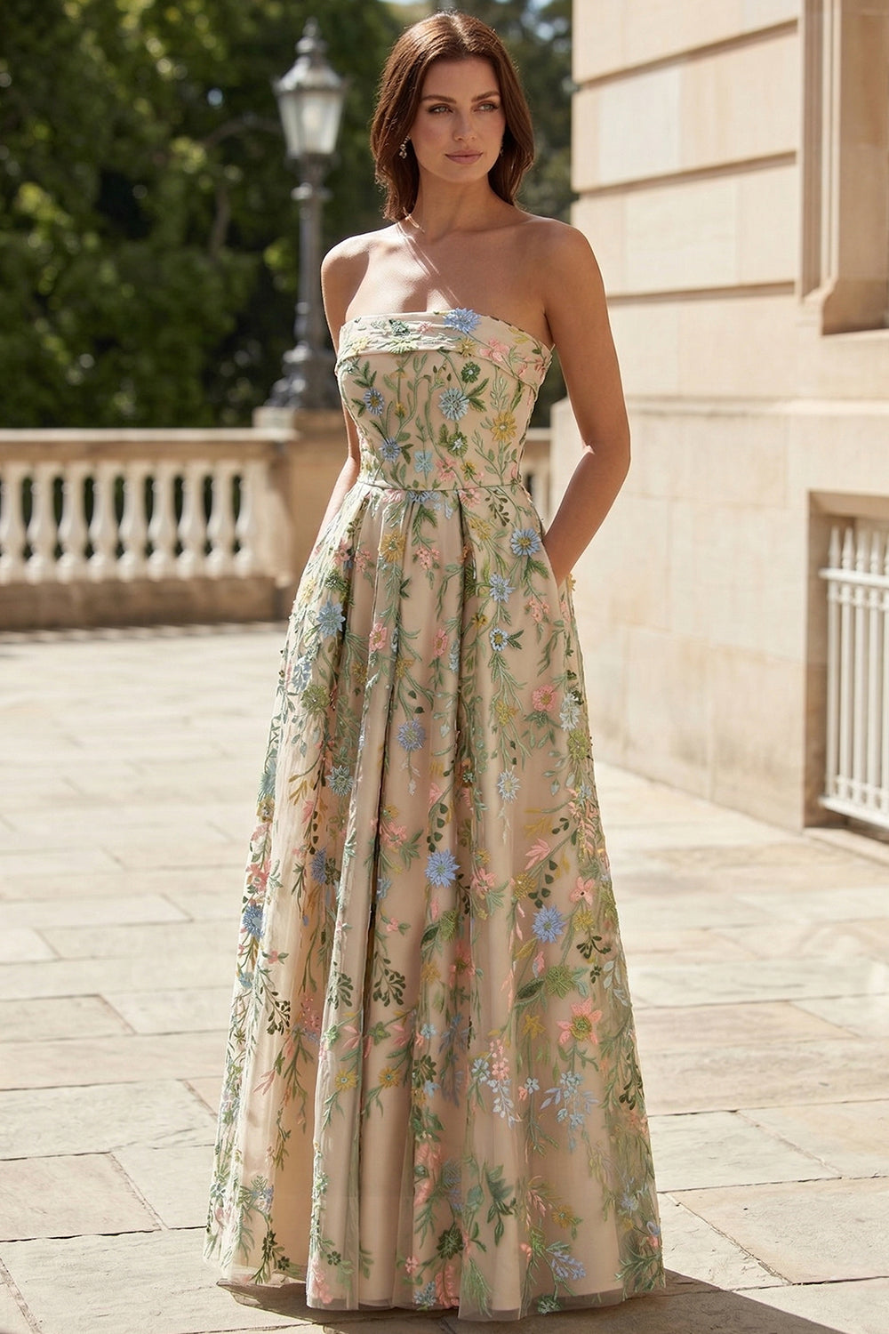 Women's Strapless Nude Floral Embroidered Prom Dress SH743 Sheer Fairy