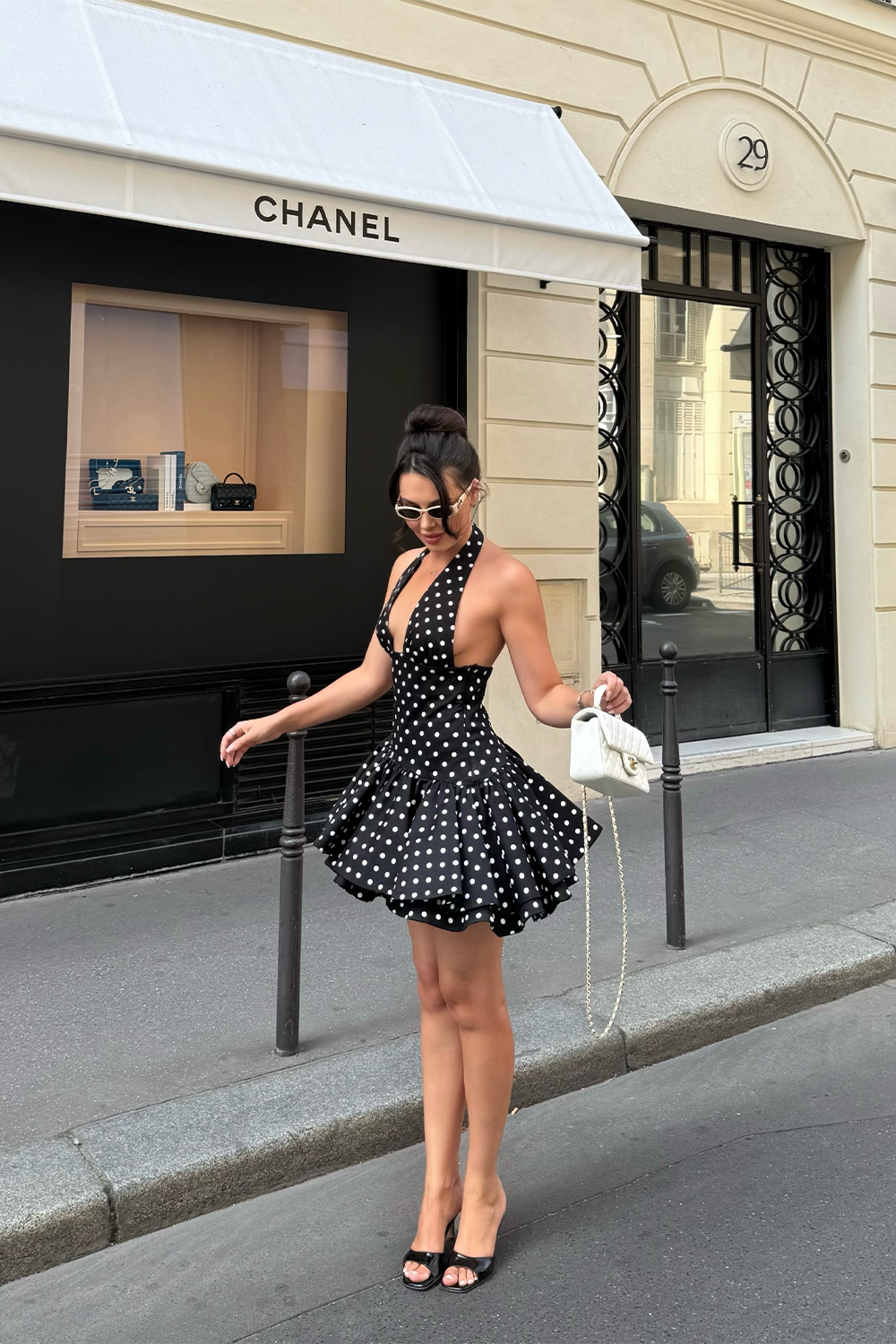 Black and White Polka Dot Halter Mini Dress Plunging V Neck Bubble Hem Party Dress RM253 Sheer Fairy
