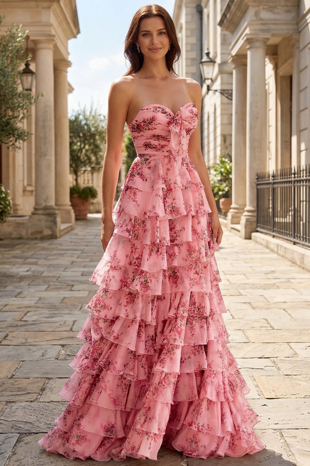 A Line Pink Floral Prom Dresses with Tiered Ruffles SH725 Sheer Fairy
