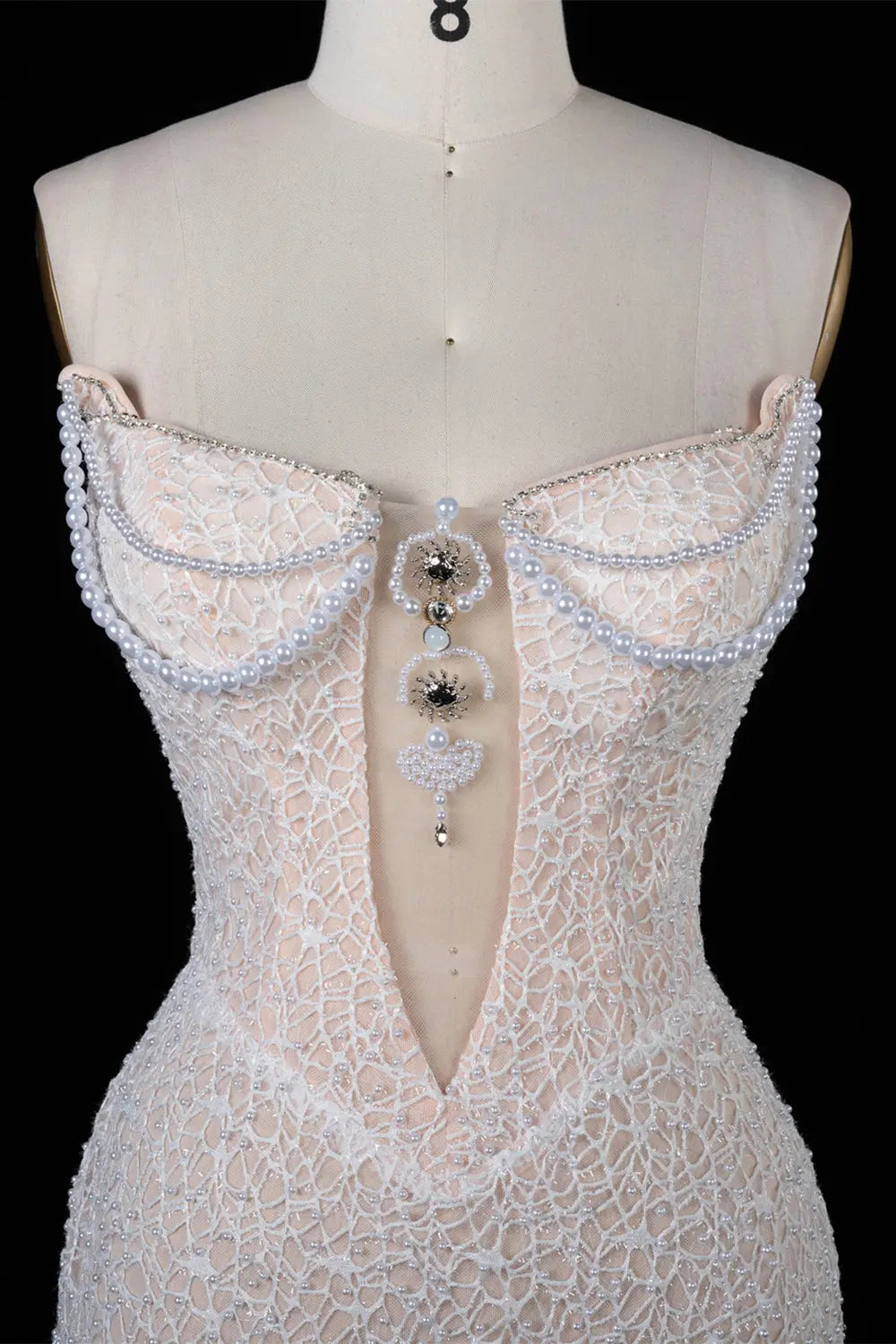 White Pearl Beaded Strapless Evening Dress ST102 Sheer Fairy