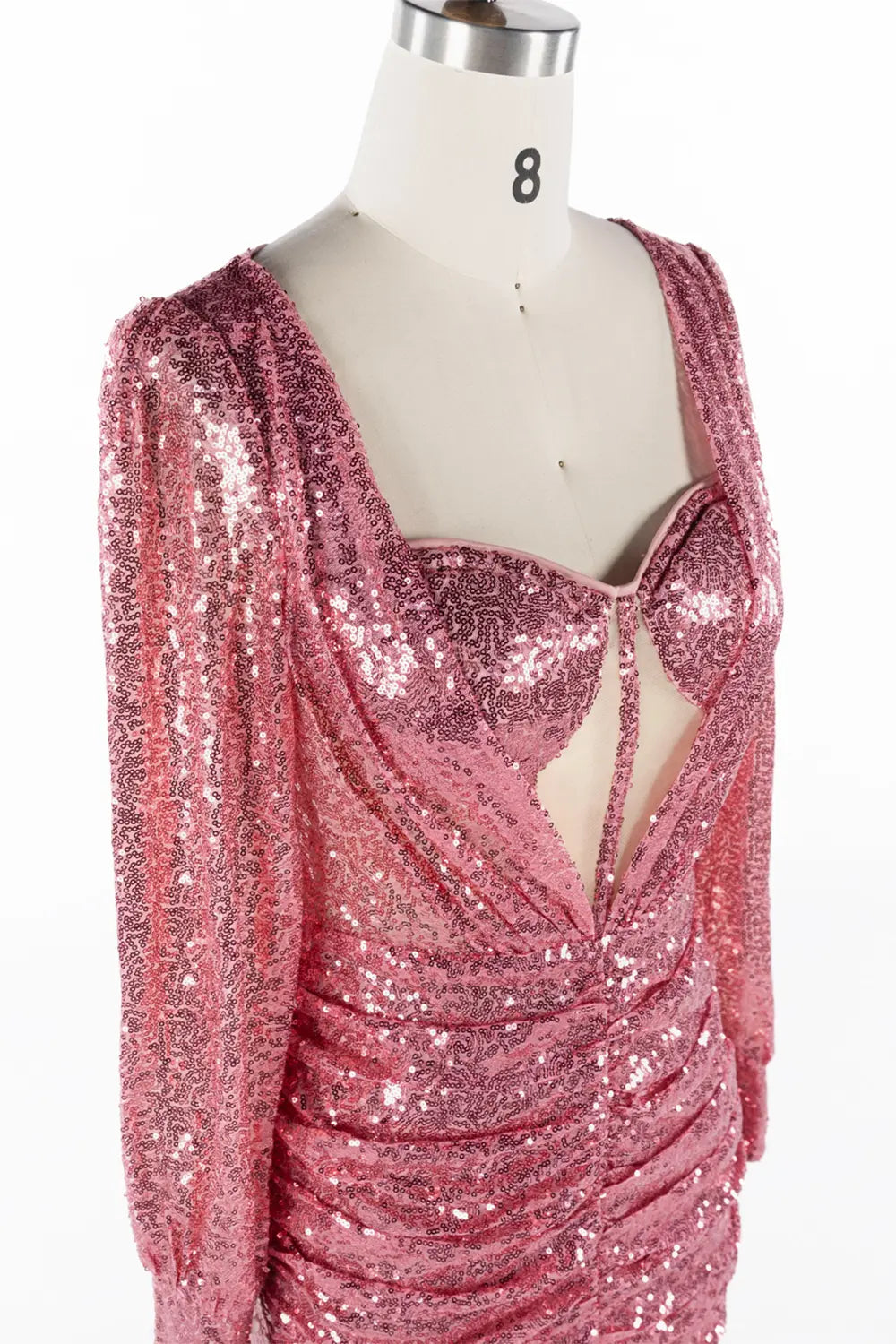 Rose Pink Sparkly Long Sleeve Ruched Cocktail Mini Dress ST059 Sheer Fairy