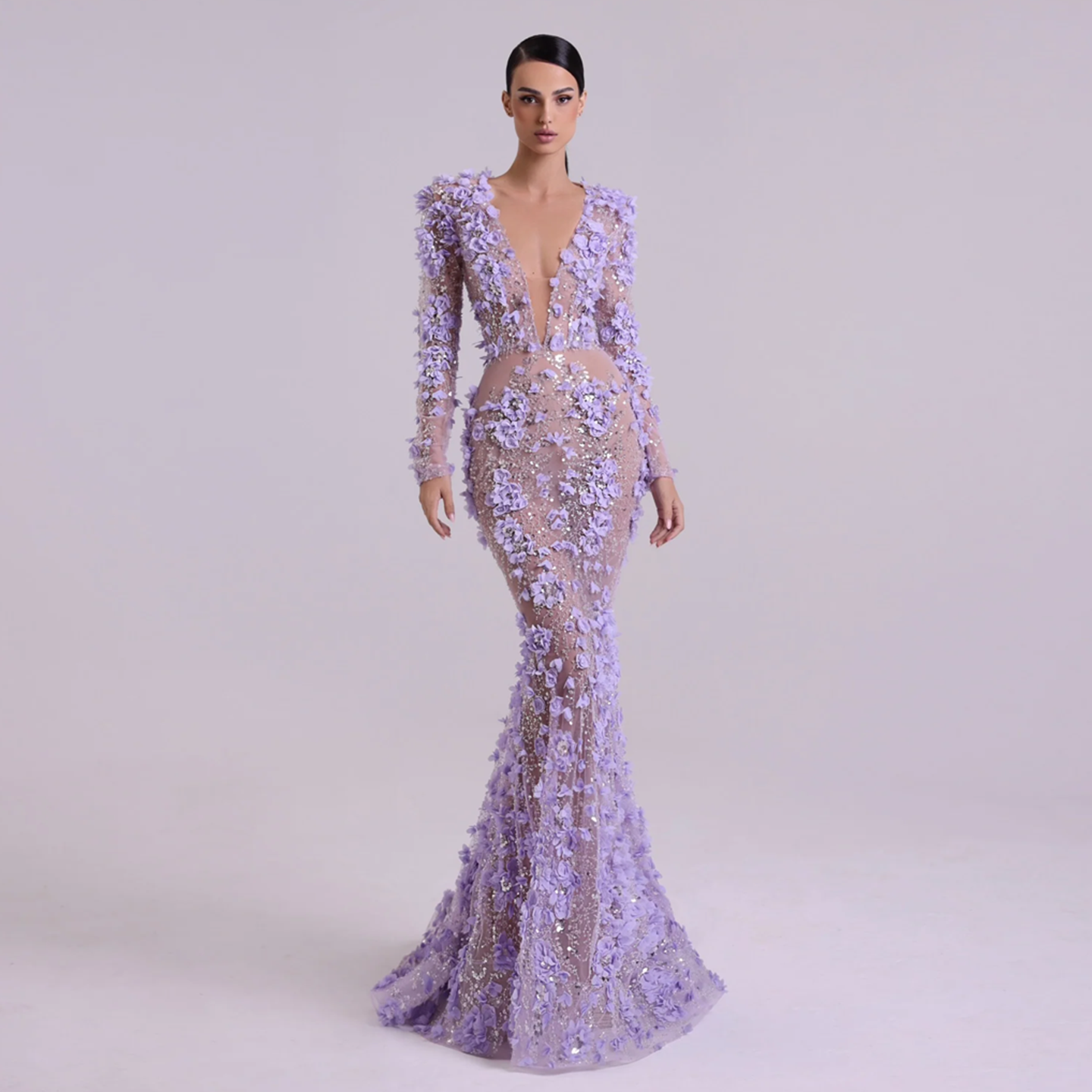 Lilac 3D Floral Beaded Mermaid Long Sleeves Evening Dress SS637