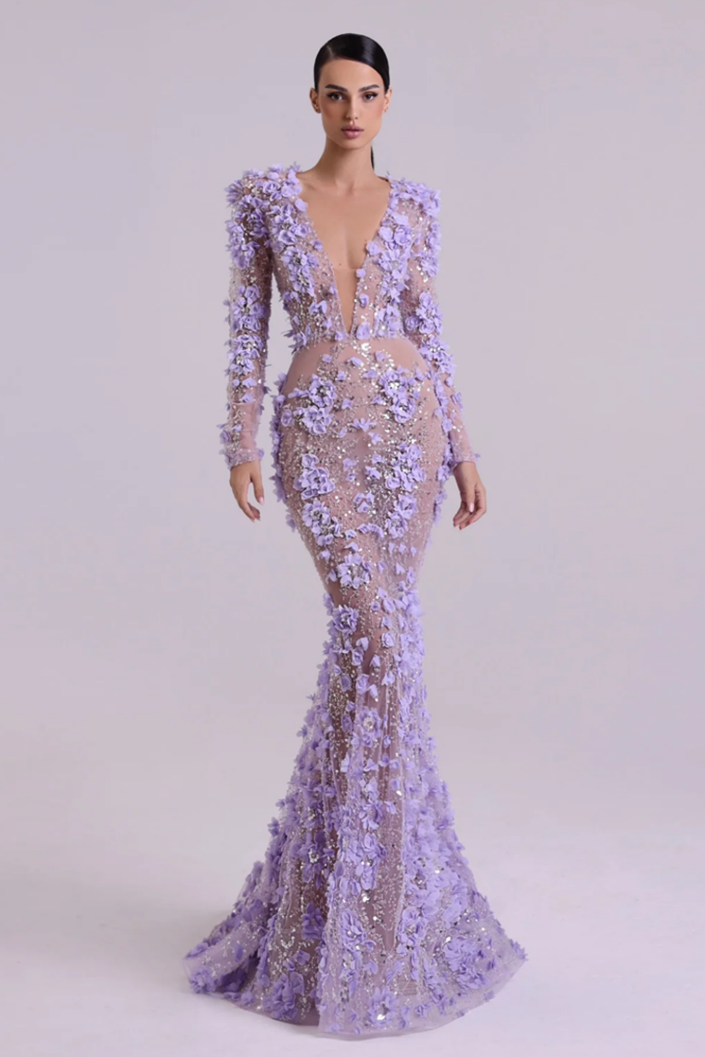 Lilac 3D Floral Beaded Mermaid Long Sleeves Evening Dress SS637 Sheer Fairy