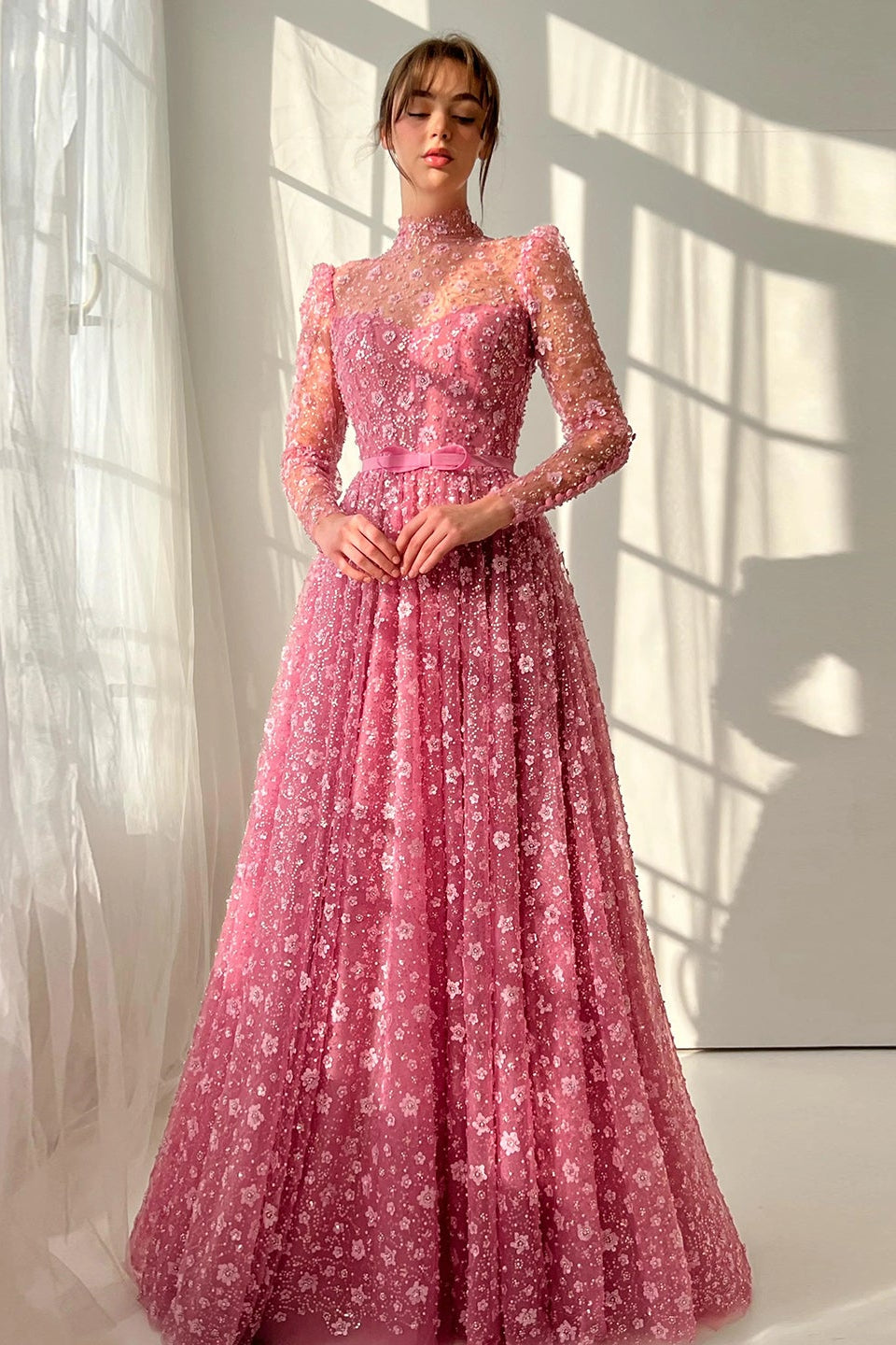 Pink Floral Lace High Neck A-Line Sleeves Evening Dress SS700