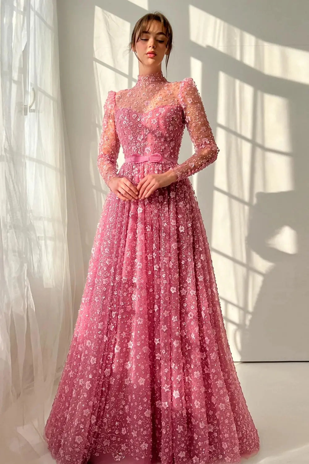 Pink Floral Lace High Neck A-Line Sleeves Evening Dress SS700 Sheer Fairy