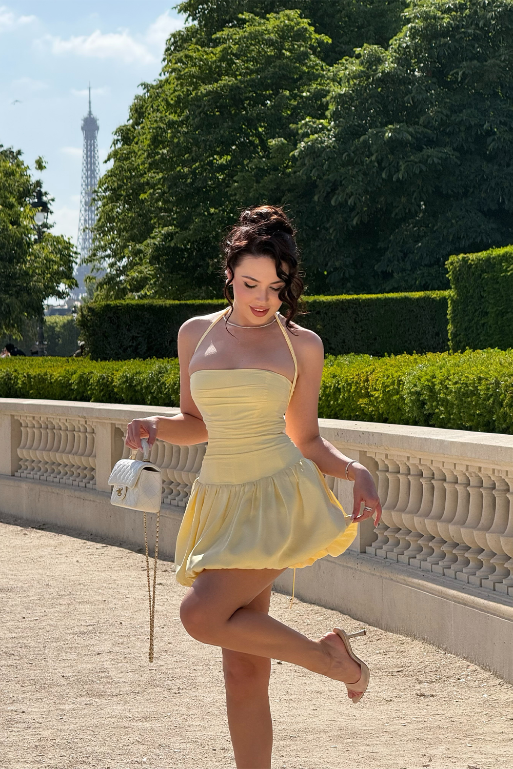 Yellow Halter Mini Dress Bubble Hem Corset Back Summer Prom Dress RM250 Sheer Fairy