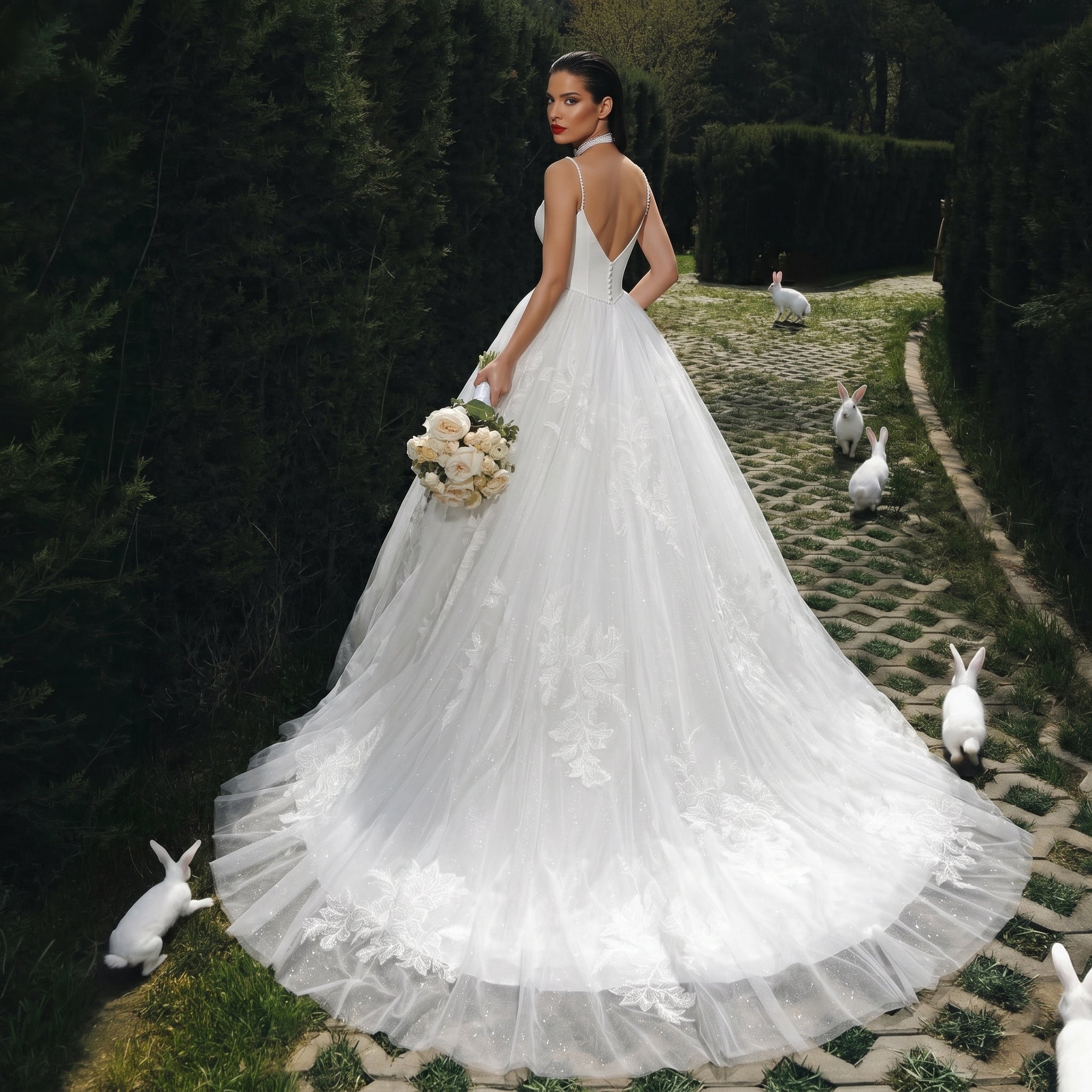 Elegant Corset Bodice A-Line Wedding Dress with Floral Lace Appliques & Cathedral Train SW705 Sheer Fairy