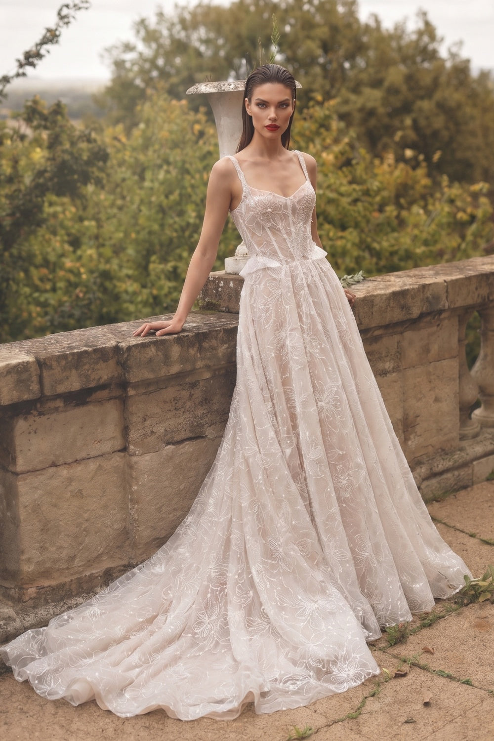 Elegant Beaded Lace Wedding Dress with Peplum Waist, Corset Back & Cathedral Train  SW706 Sheer Fairy