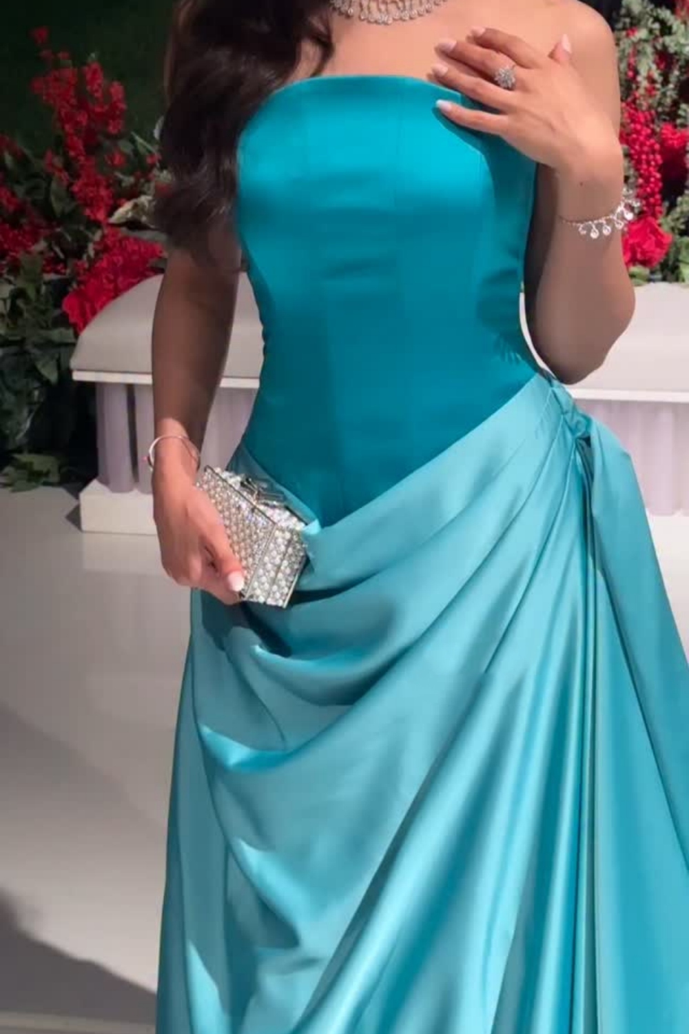 Turquoise Satin Ball Gown Strapless Evening Dress with Draped Train SF058 Sheer Fairy