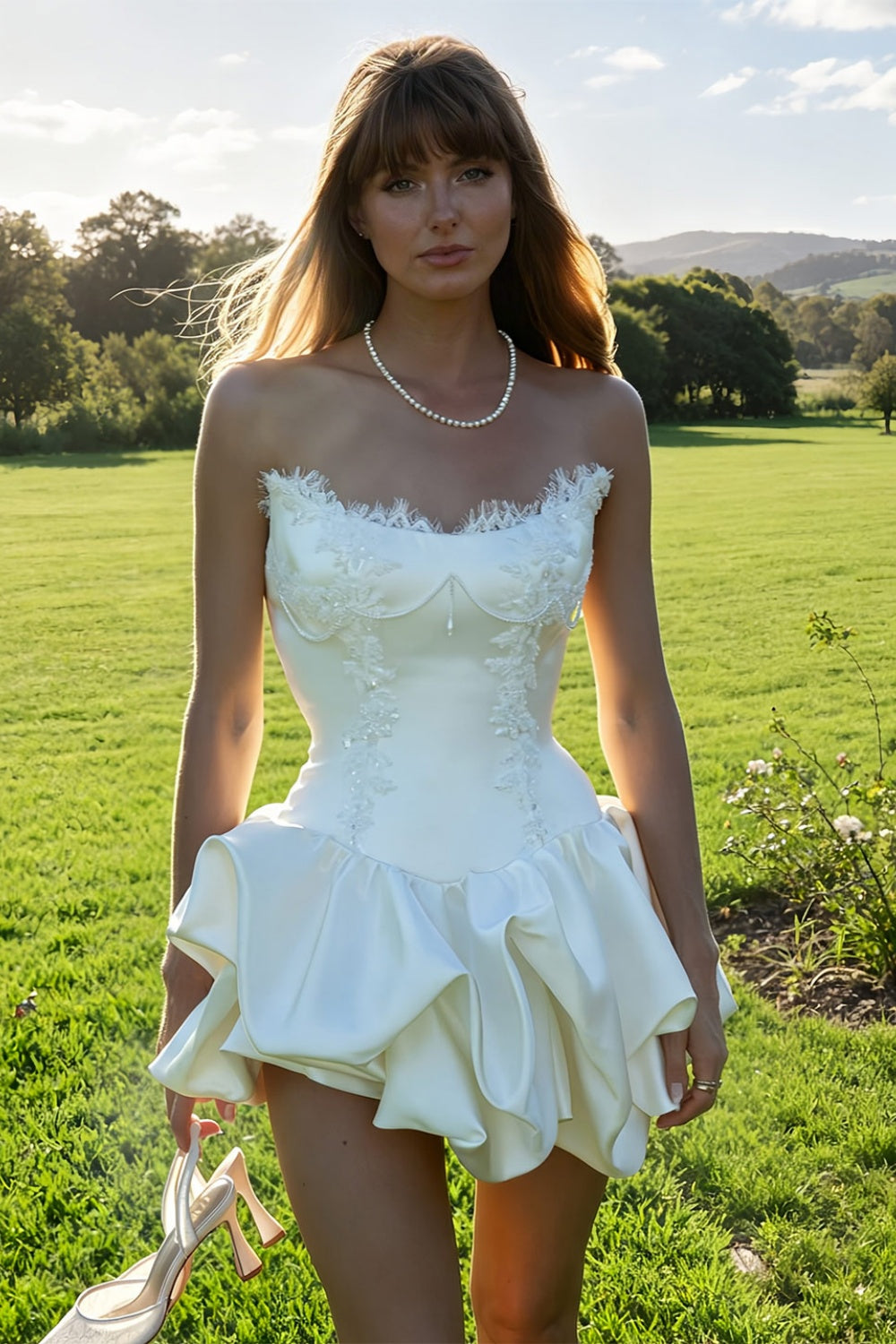 Elegant Ivory Satin Strapless Eyelash Lace Mini A-Line Wedding Dress SW726 Sheer Fairy