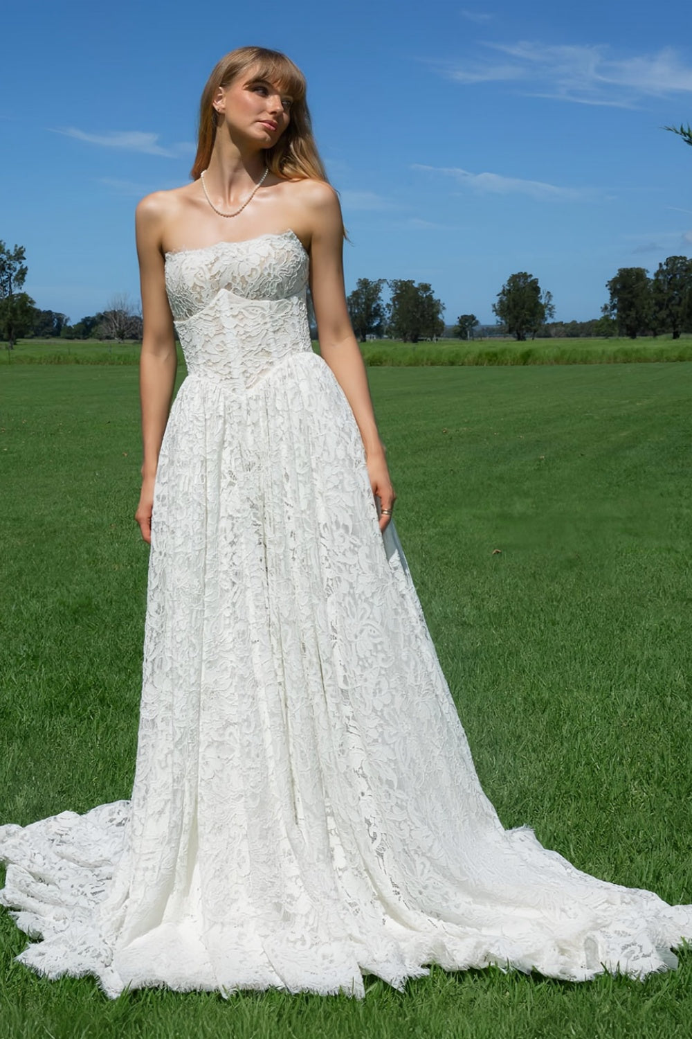 Glamorous Off White All Over Lace Strapless Floor Sweep Train Wedding Dress SW727 Sheer Fairy