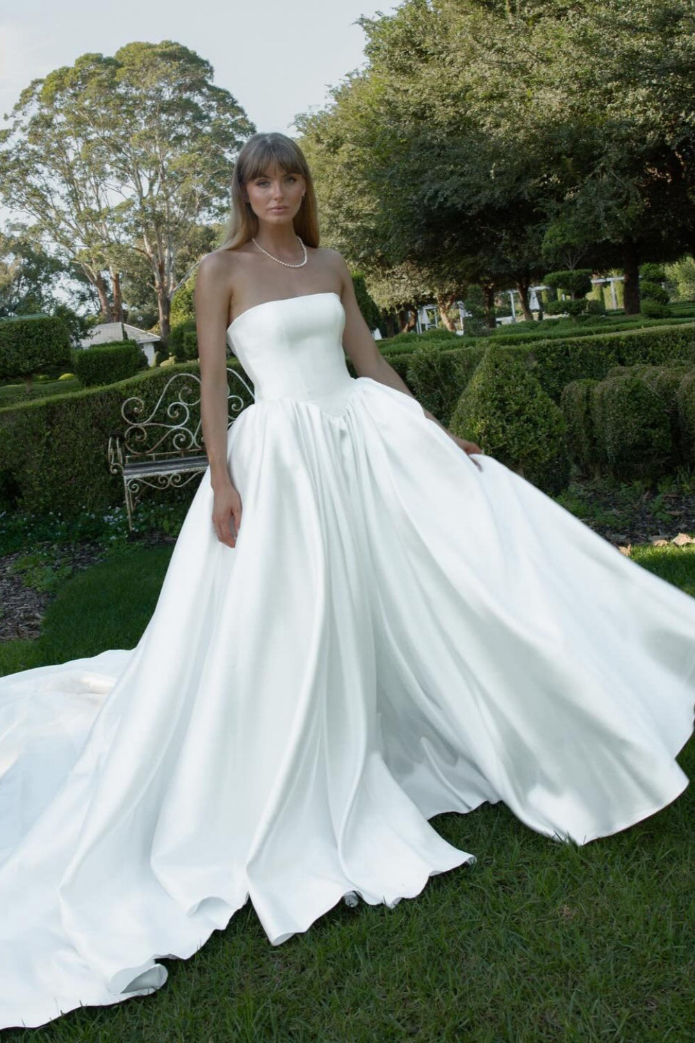 Glamorous White Strapless Covered Button Long Sweep Train Wedding Dress SW729 Sheer Fairy