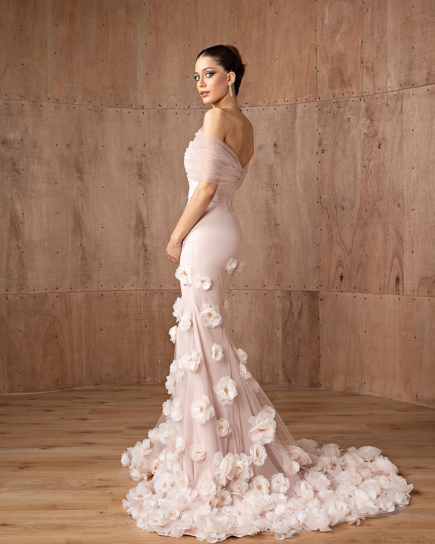 Pink Off-the-Shoulder Mermaid Evening Dress with 3D Flower SS383 Sheer Fairy