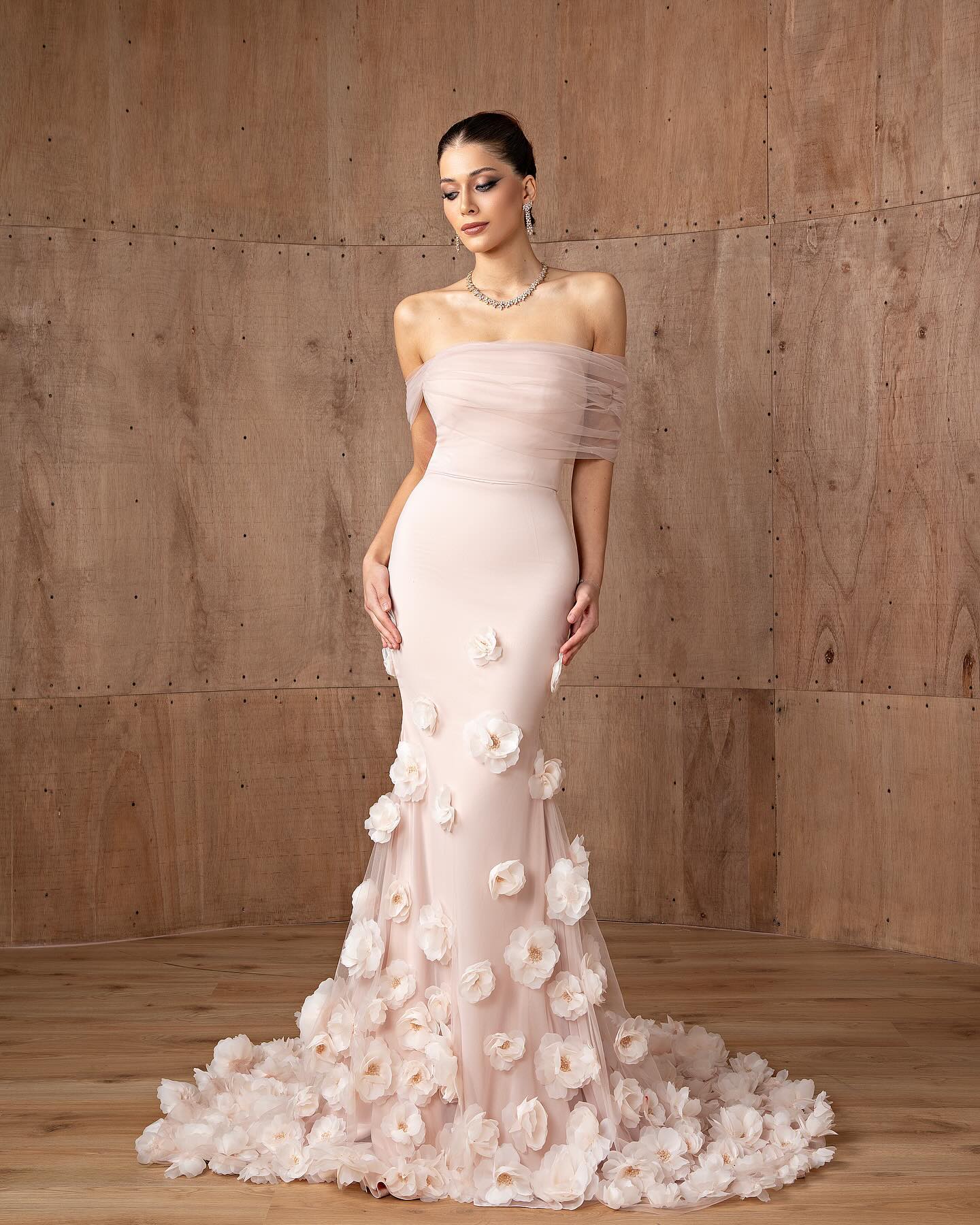 Pink Off-the-Shoulder Mermaid Evening Dress with 3D Flower SS383 Sheer Fairy