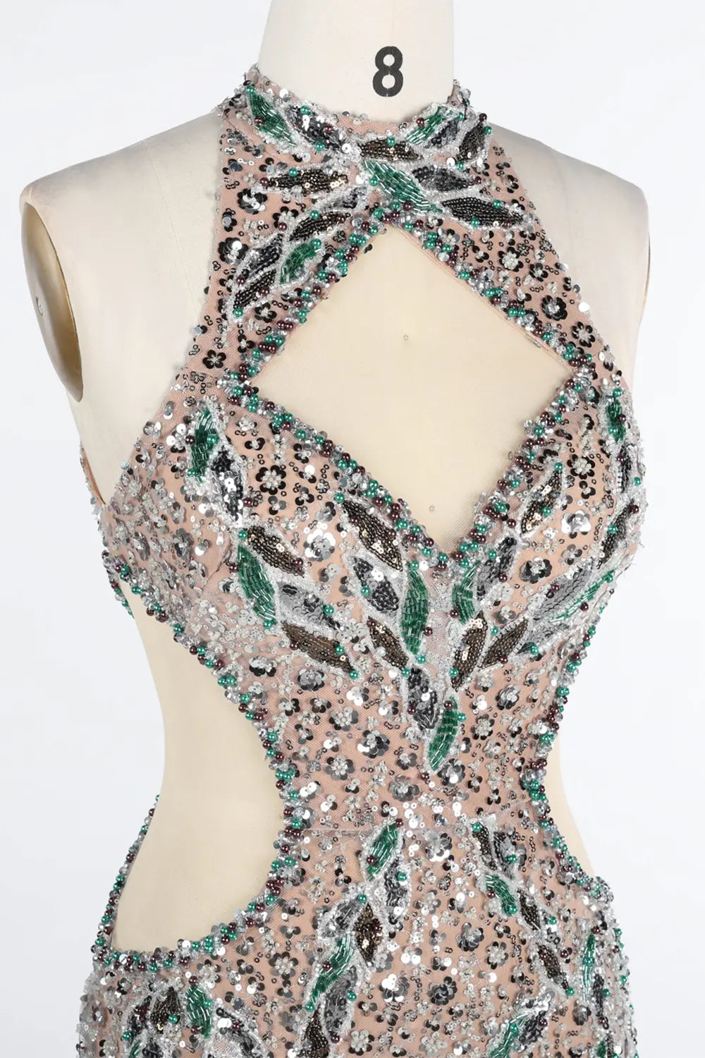 Champagne Halter Cutout Sequin Mermaid Evening Dress ST038 Sheer Fairy