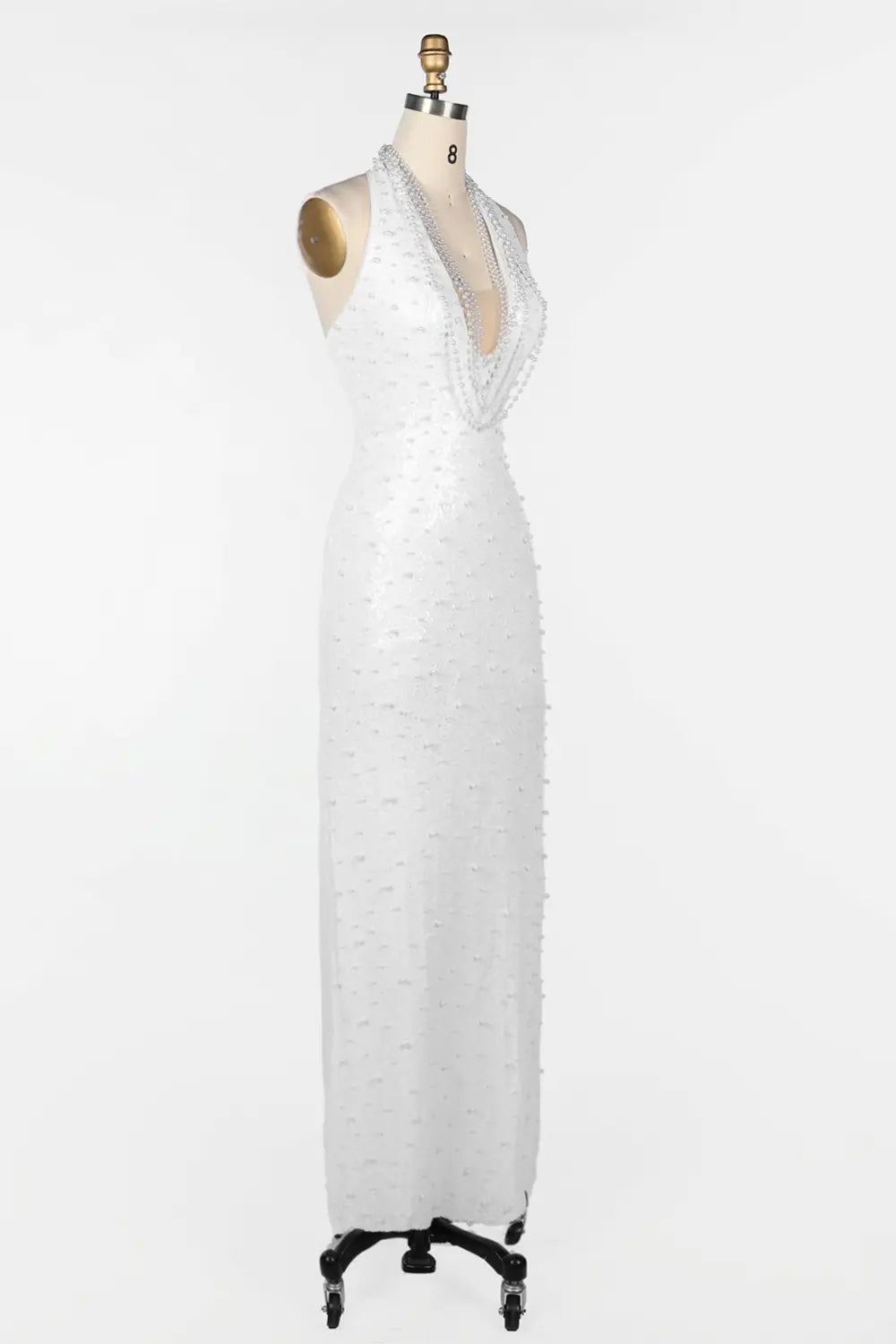 White Halter Pearl Beaded Backless Evening Dress ST091 Sheer Fairy