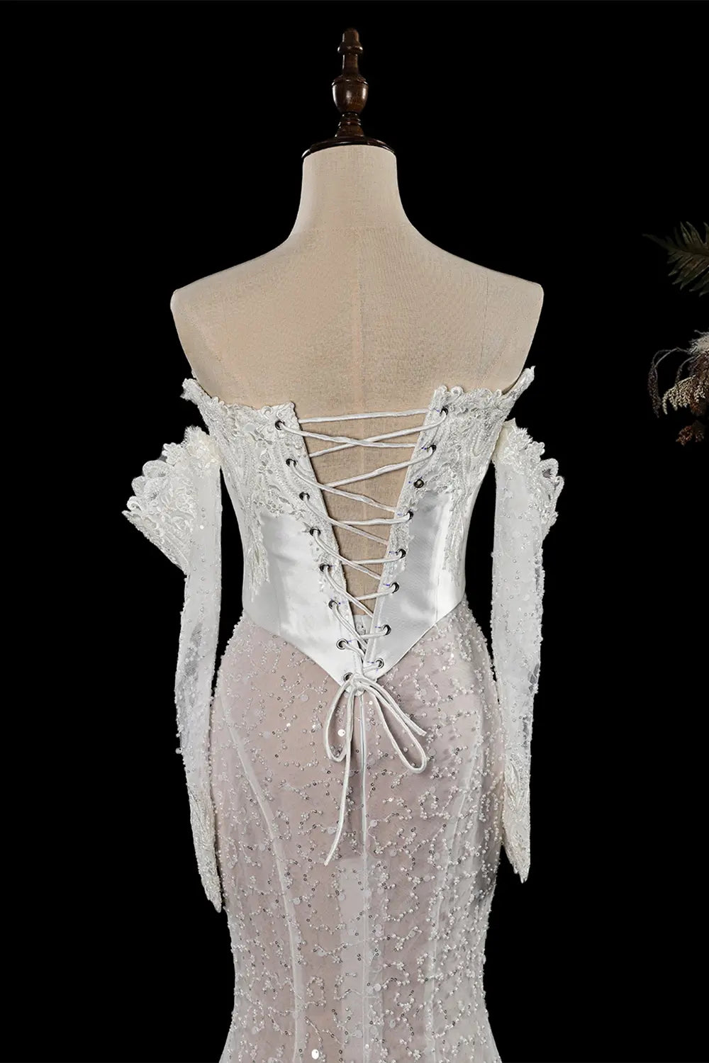 White Off The Shoulder Lace Mermaid Corset Wedding Dress SW762 Sheer Fairy