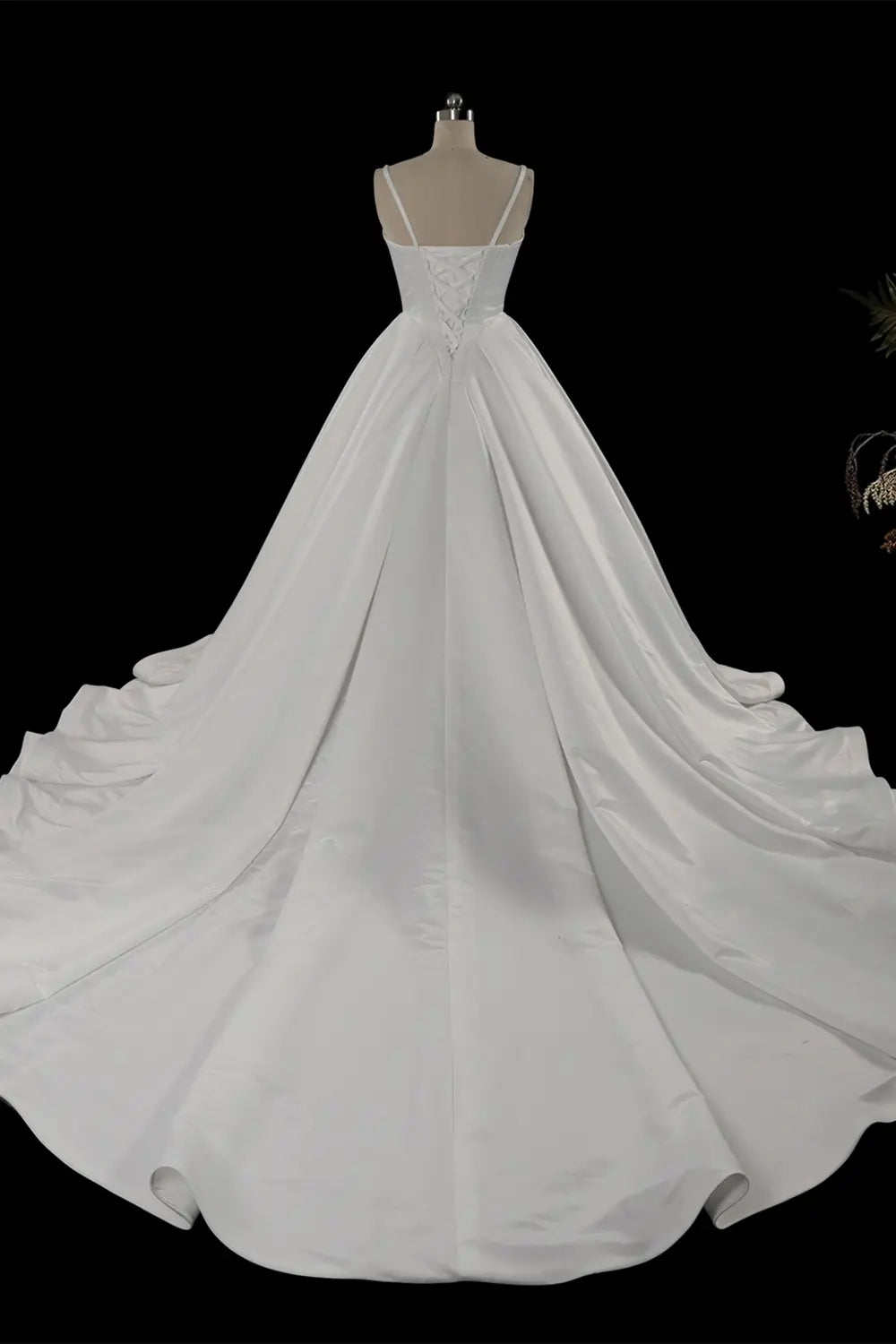 White V Neck Sleeveless Satin Chapel Train Bridal Gown SW749 Sheer Fairy