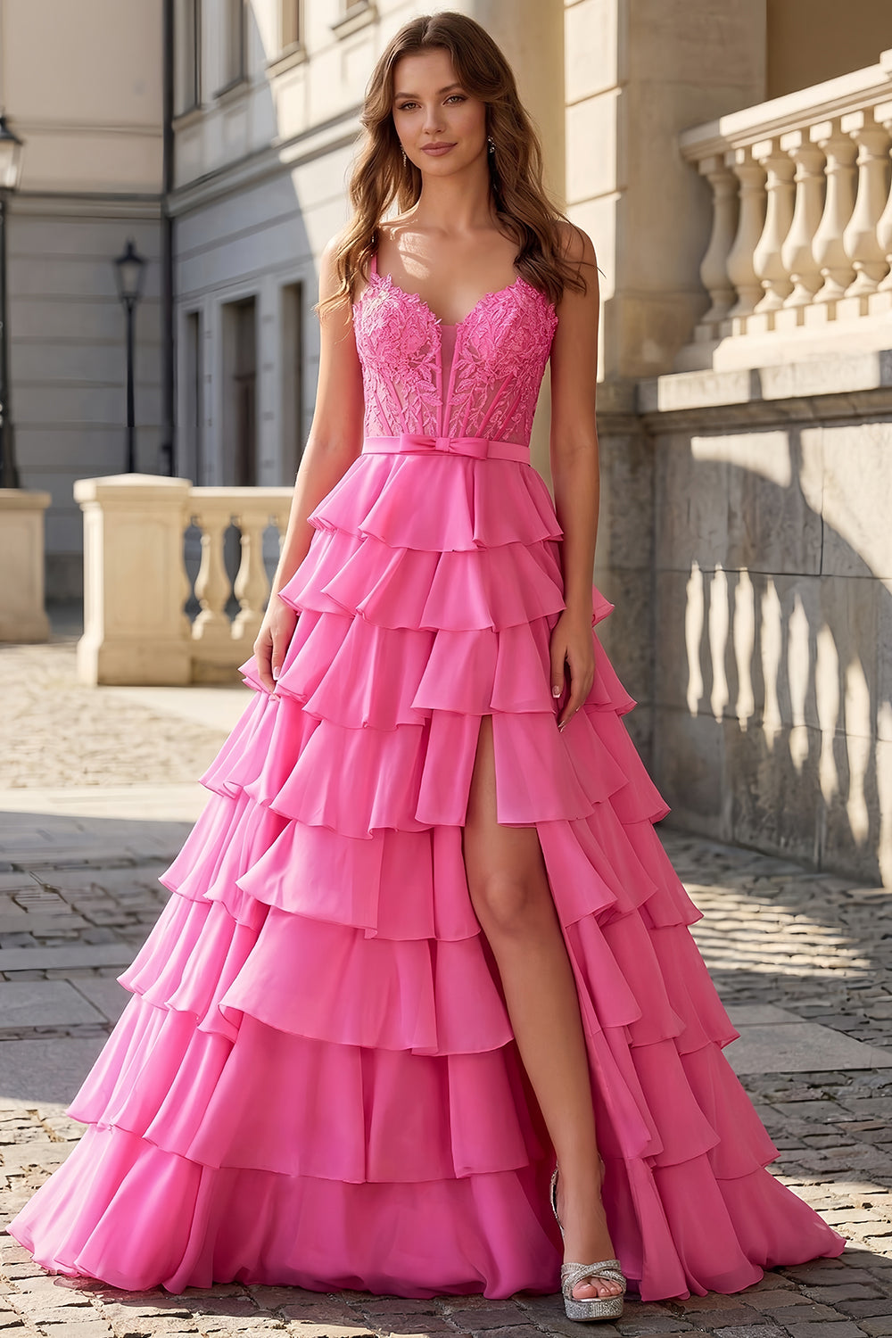 Elegant Hot Pink Tiered Prom Dress with High Slit SH749 Sheer Fairy