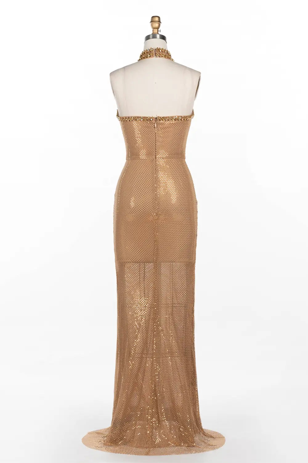 Nude Halter Neck Rhinestone Mesh Keyhole Evening Dress ST055 Sheer Fairy