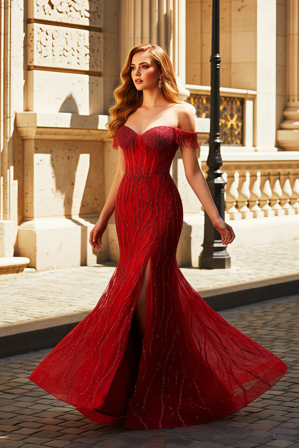 White Lace Mermaid Off-the-Shoulder Flora Beige Prom Dress SH461 Sheer Fairy