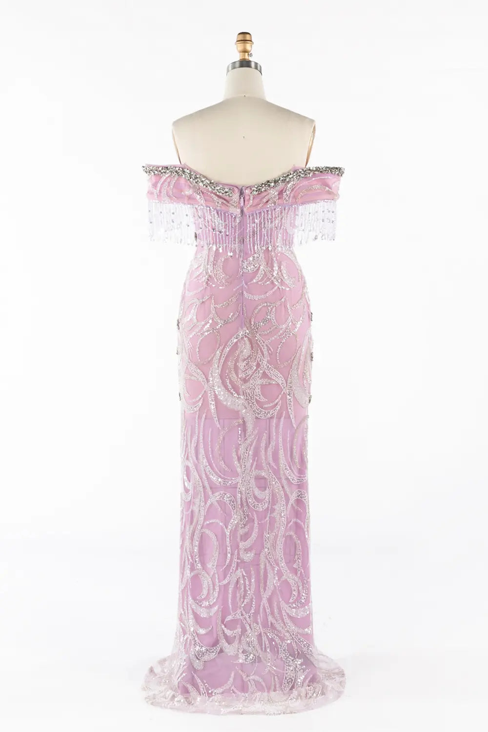 Lilac Off The Shoulder Beaded Fringe Formal Evening Dress ST053 Sheer Fairy