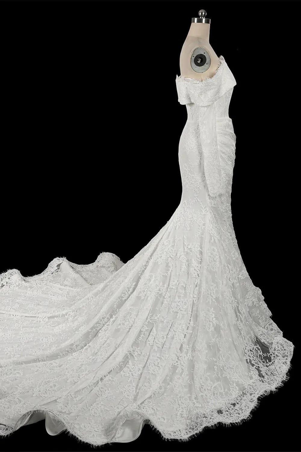 White Off the Shoulder Long Sleeve Lace Bridal Dress with Train SW674 Sheer Fairy