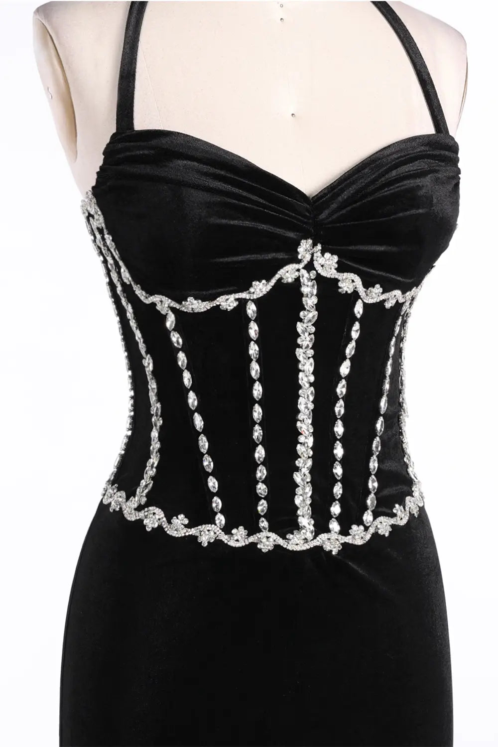 Black Halter Corset Slit Velvet Evening Dress ST094 Sheer Fairy