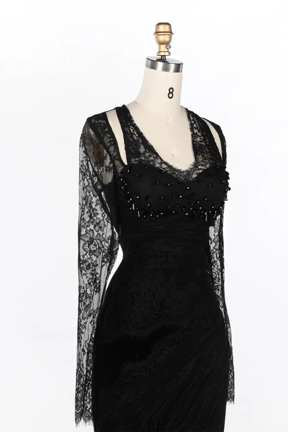 Black Beaded Lace Sleeve Mermaid Evening Dress ST093 Sheer Fairy
