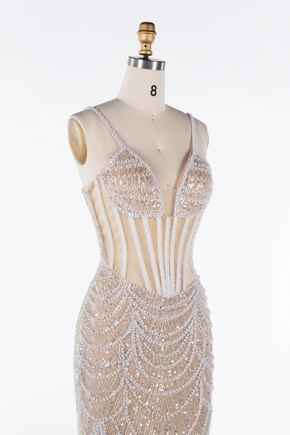 Nude Sequin Embellished Corset Spaghetti Strap Evening Gown ST042 Sheer Fairy