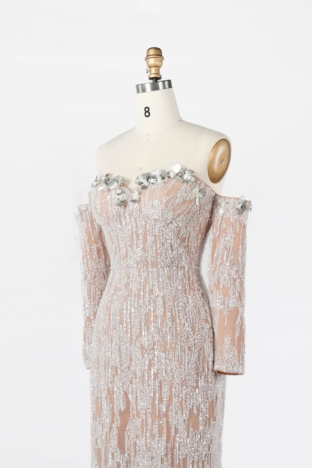 White Nude Linear Sequin Off Shoulder Formal Evening Gown ST035 Sheer Fairy