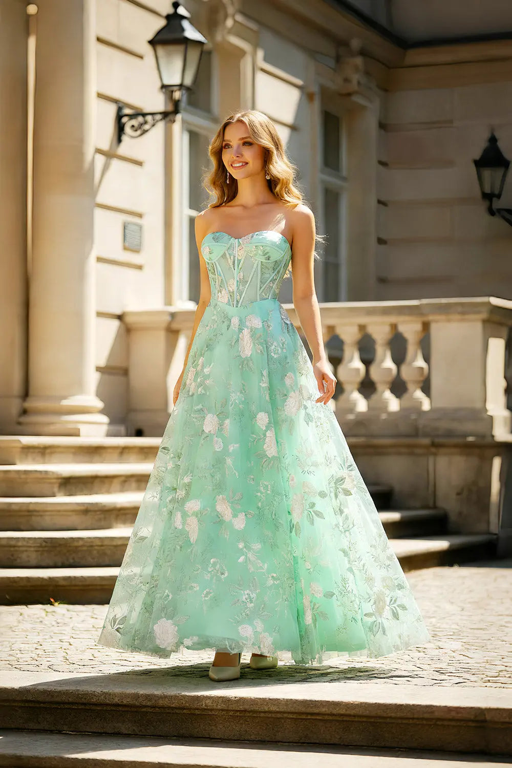 Elegant Strapless Sweetheart White Floral Lace A-Line Prom Dress SH409 Sheer Fairy