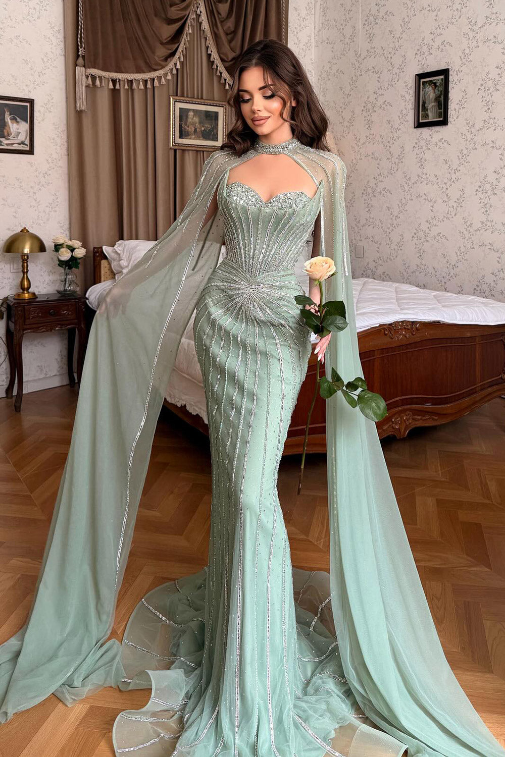 Luxury Mint Green Beaded Mermaid Evening Dress with Cape SS156 Sheer Fairy