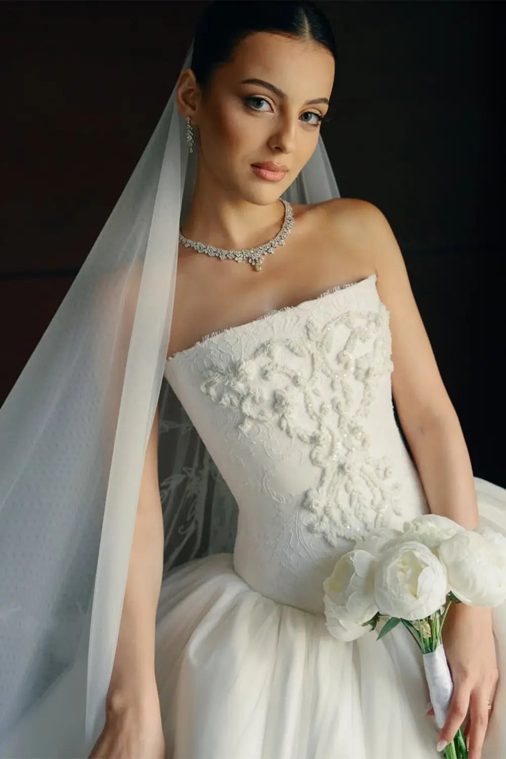 White Strapless Princess Bridal Dress with Lace appliques  SW745 Sheer Fairy